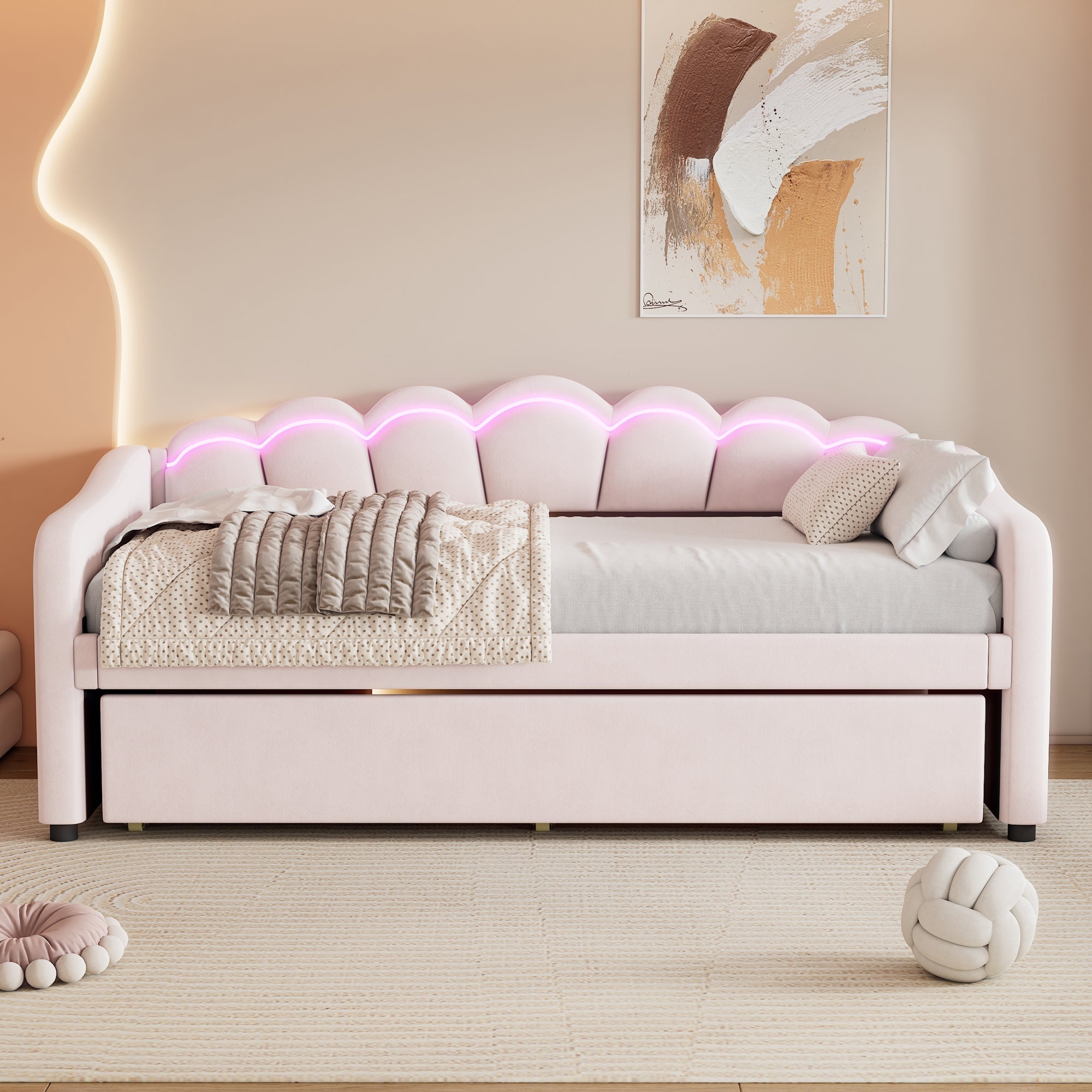 Daybed Sofa Bed 90x200cm Pull-out Bed Ambient Light Remote Control - Velvet Pink