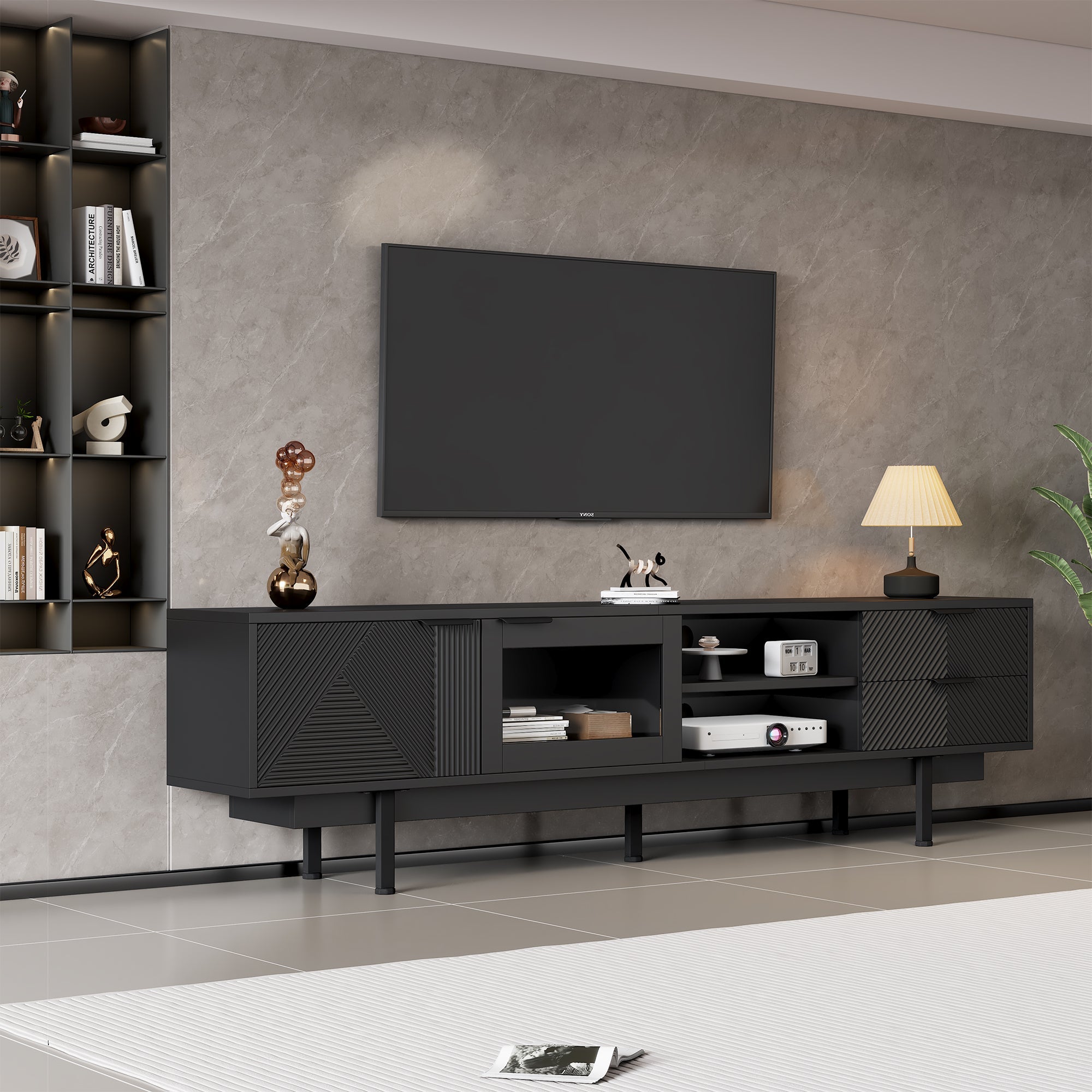 TV Cabinet, 2-Door 2-Drawer Lowboard TV Stand for 80-Inch TVs, Black