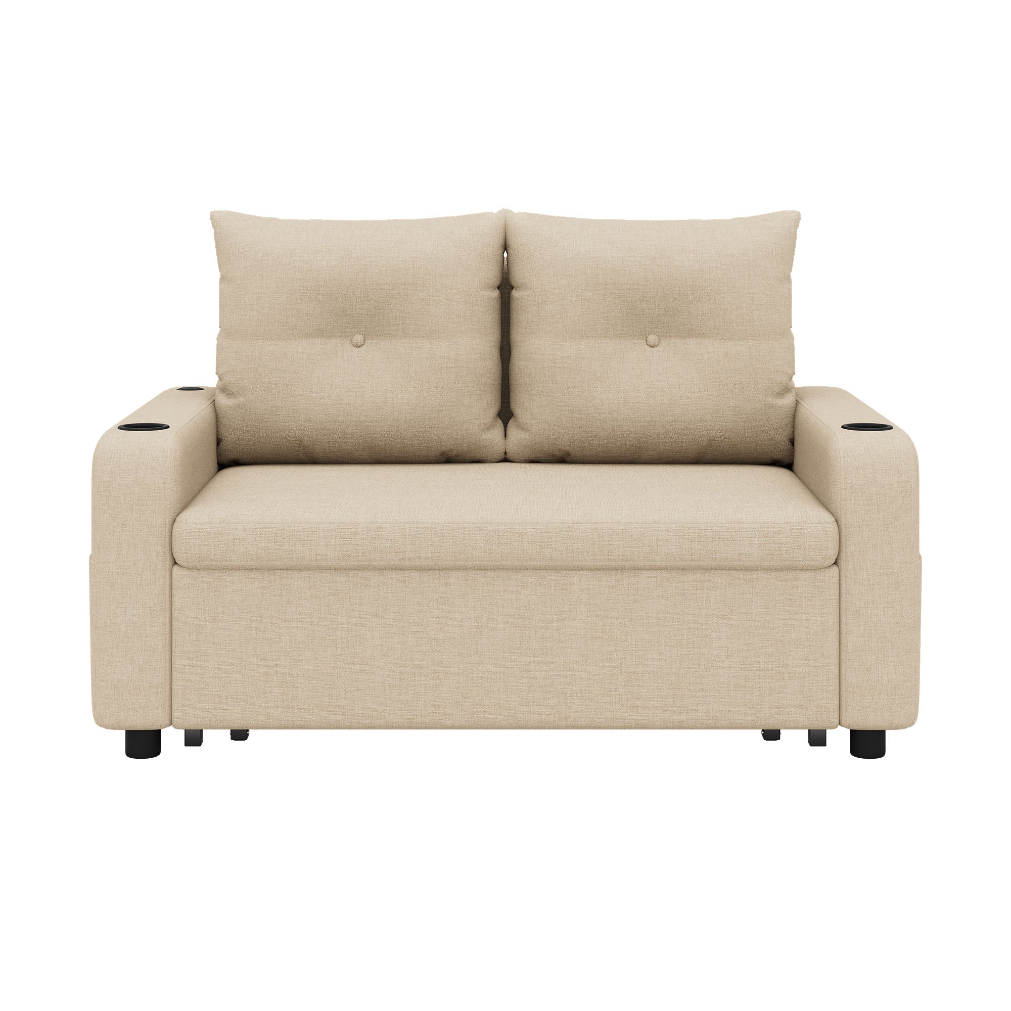 3-in-1 Sleeper Sofa with Pull-Out Bed, Cup Holder, USB Port and Side Pockets, Beige Cotton Linen