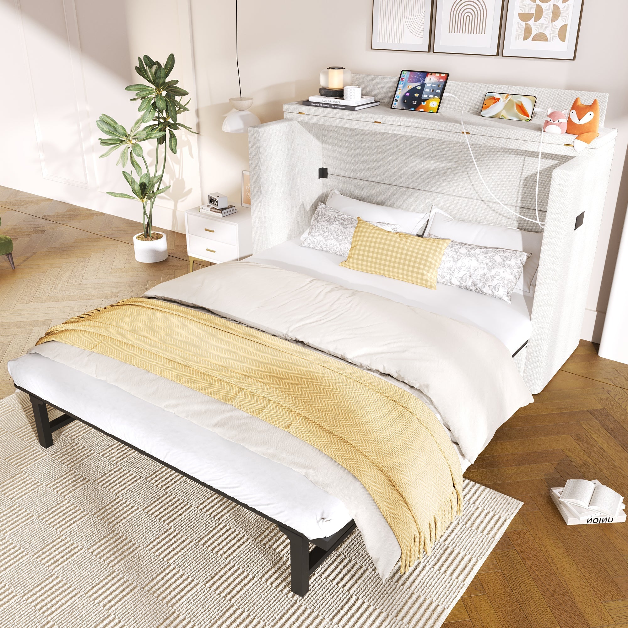 Wall Bed with Storage Drawer, USB Ports and Convertible Platform, Beige Linen