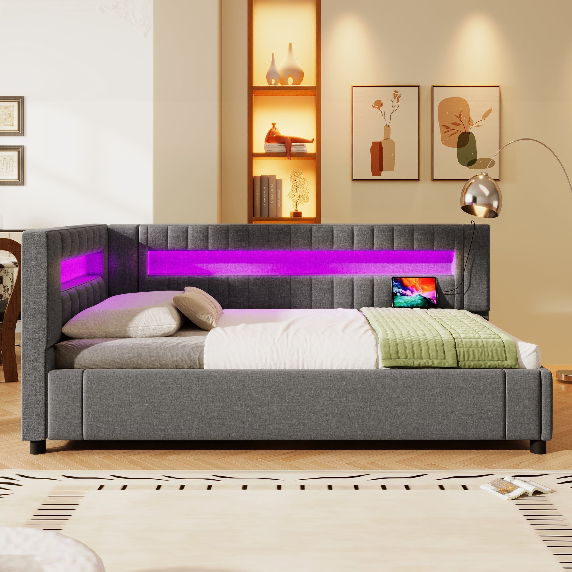Daybed Sofa Bed with LED Lighting, Hydraulic Storage and USB Charging, Grey Linen