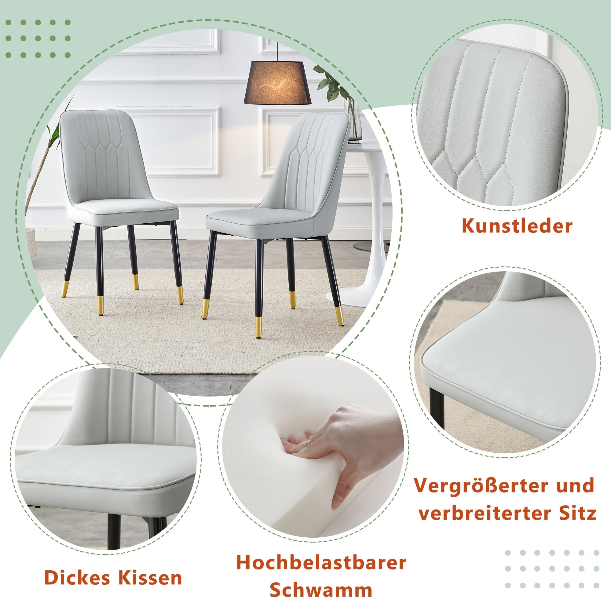 2-Piece Dining Chair Set PU Leather Back Black Metal Legs - Light Grey