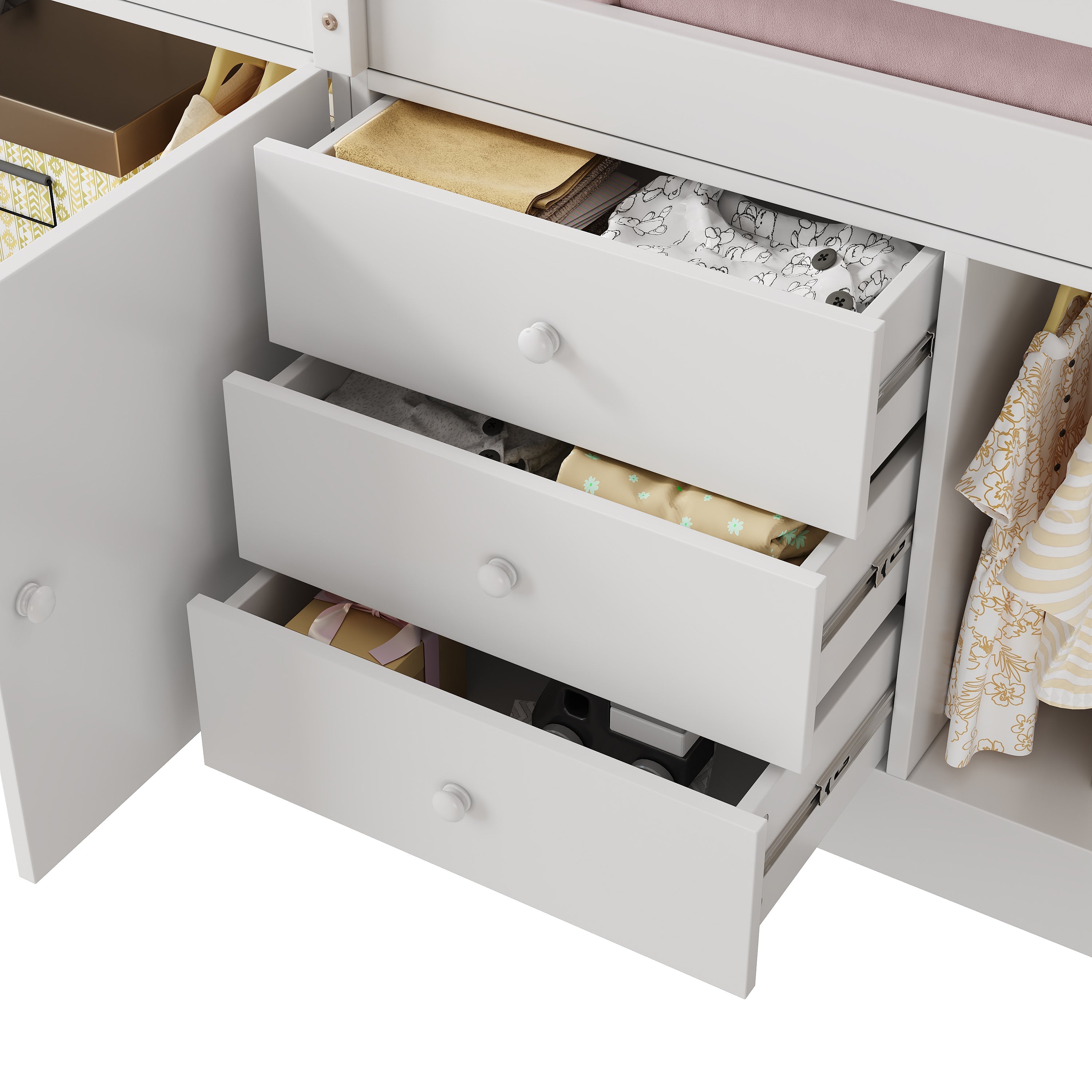Multifunctional Children's Loft Bed 90x200cm with Stairs Drawers & Storage Cabinets - White