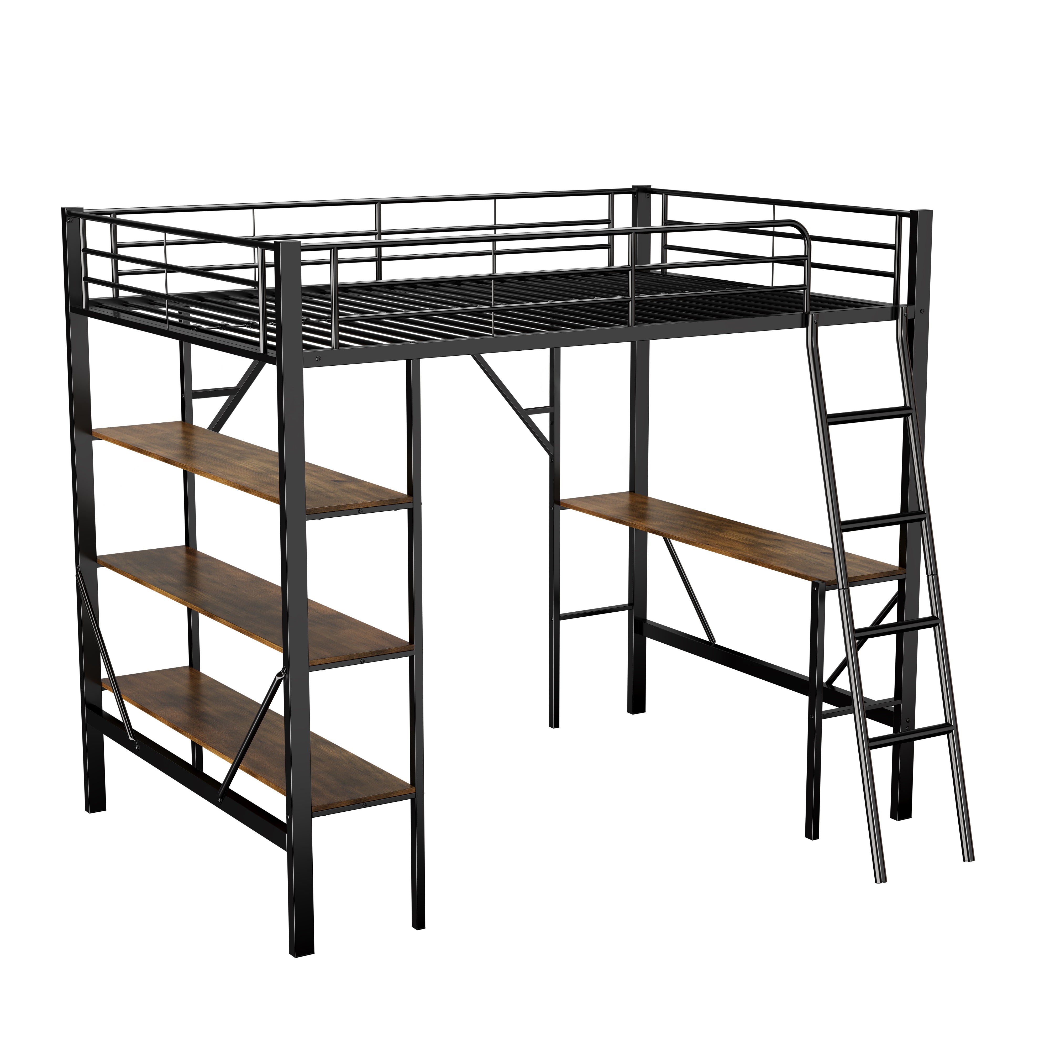Loft Bed 90x200cm Iron Frame with Desk 3 Shelves Black