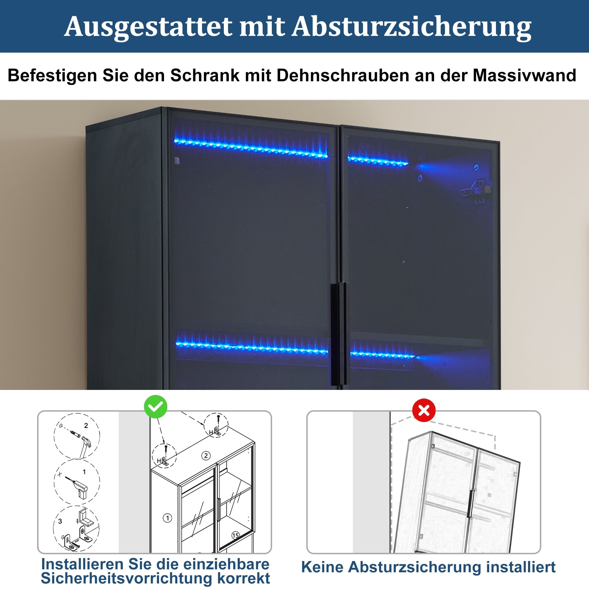 Display Cabinet Modern Minimalist Glass Doors LED Lights Adjustable - White/Black