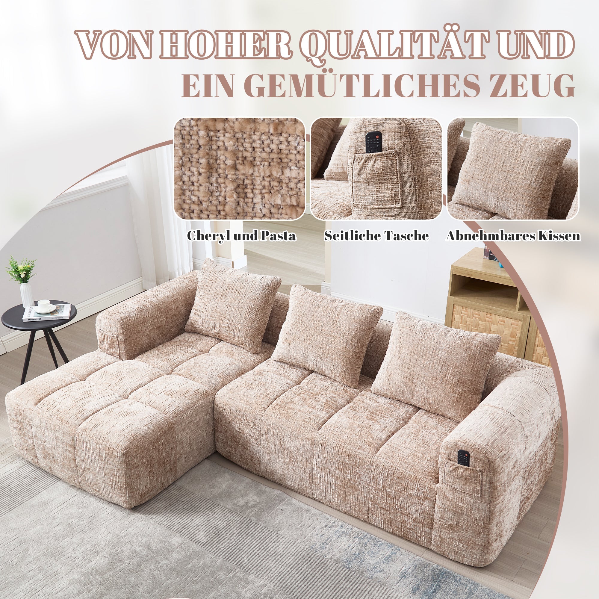 Modern Sectional Sofa L-Shaped 3-Seater Chaise Lounge Chenille Khaki