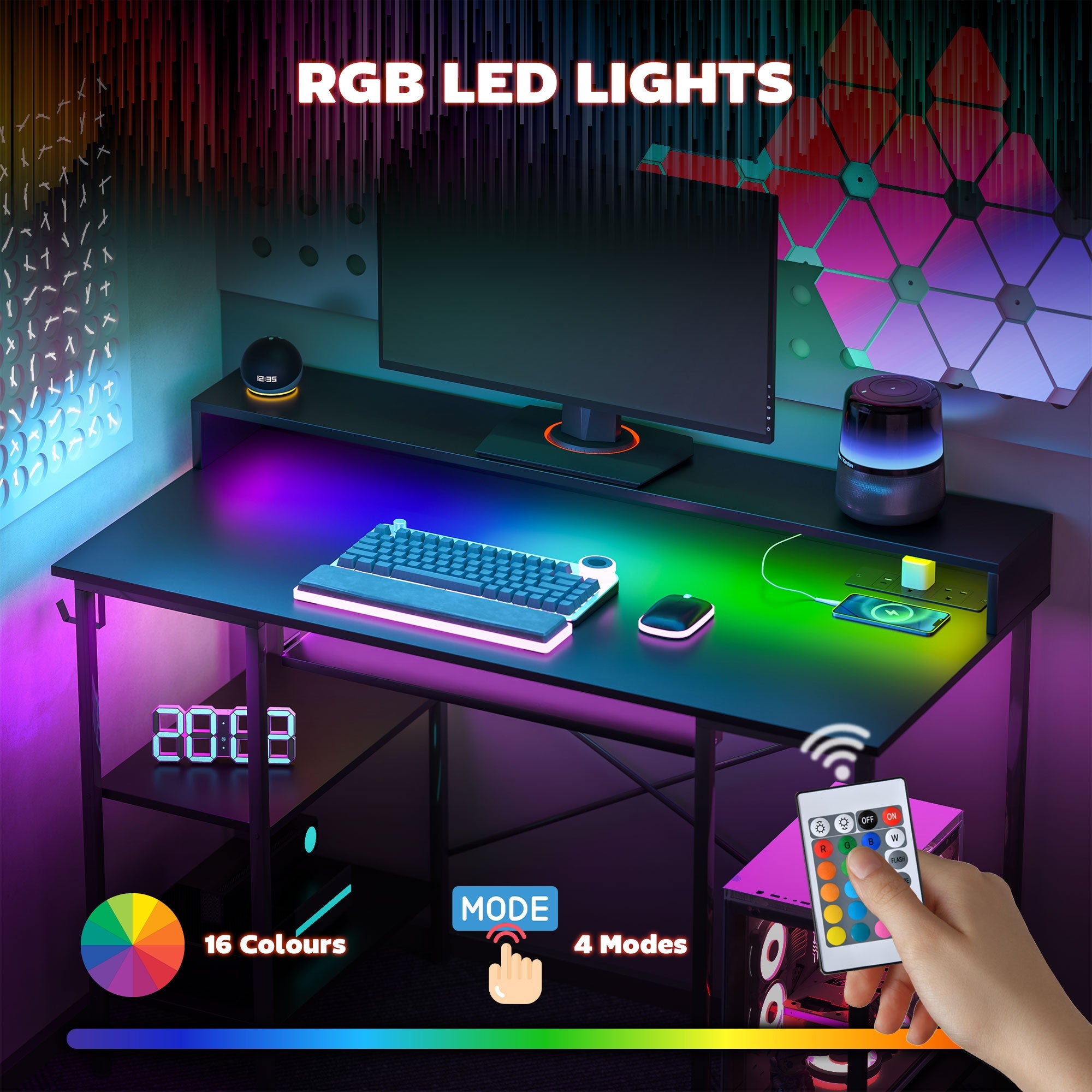 Computer Desk with LED Lights, Power Outlets, Monitor Stand, and Storage Shelves, Black