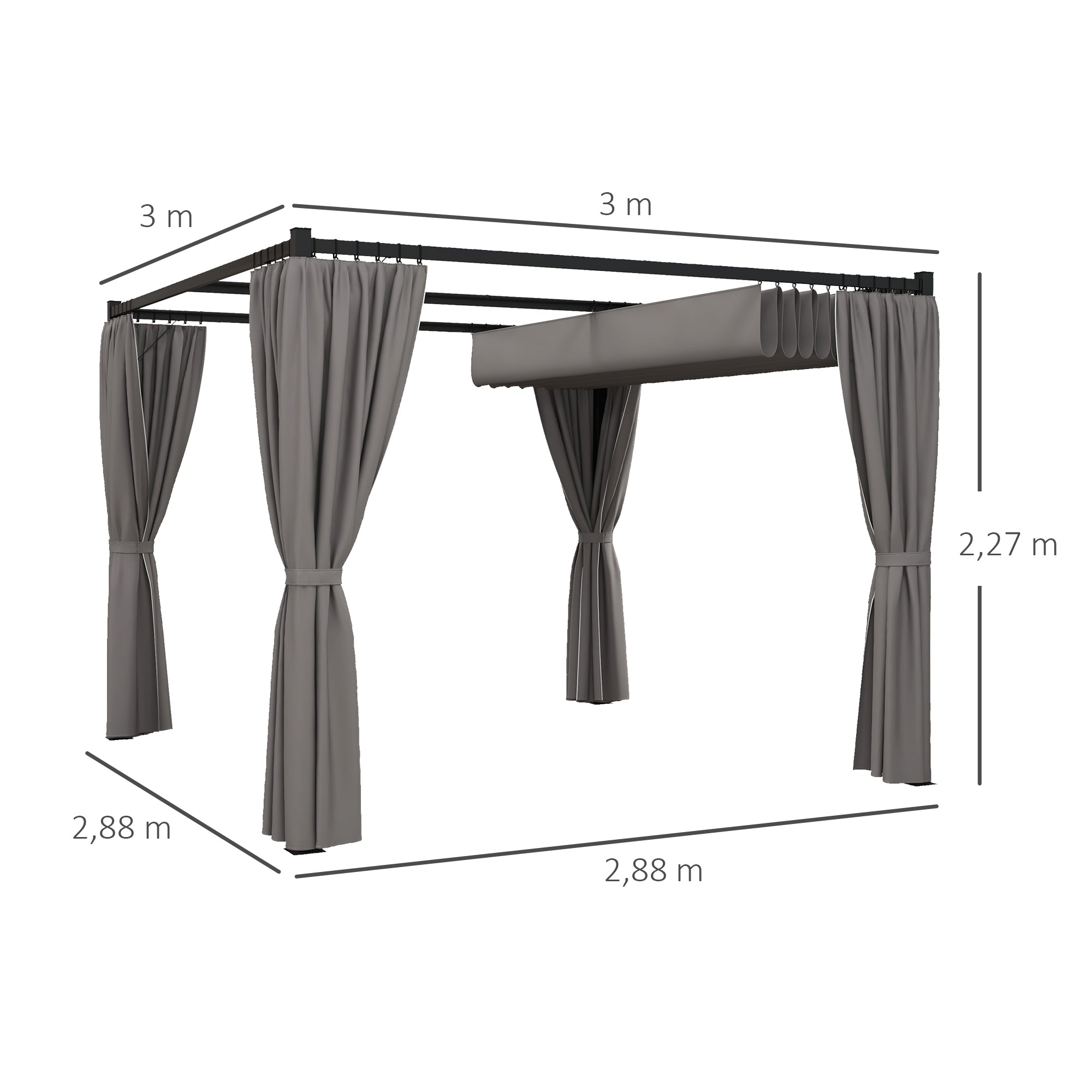3 x 3m bewegliche Pavillon-Pergola mit Vorhängen, metallgrau