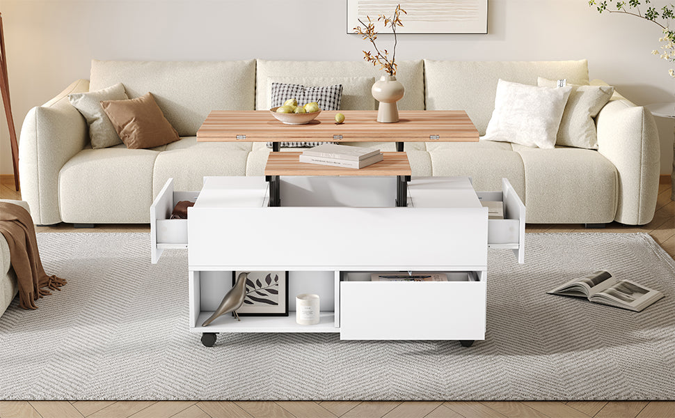 Coffee Table, 100x50x52cm Lift-Top with 4 Wheels & Drawers, White & Wood