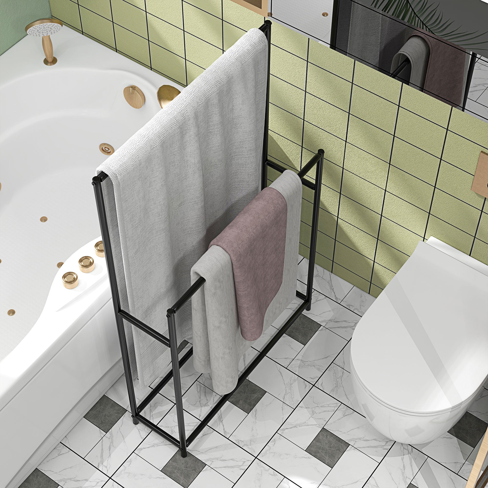 Towel Rail, Freestanding with 2 Rails, Metal, Black