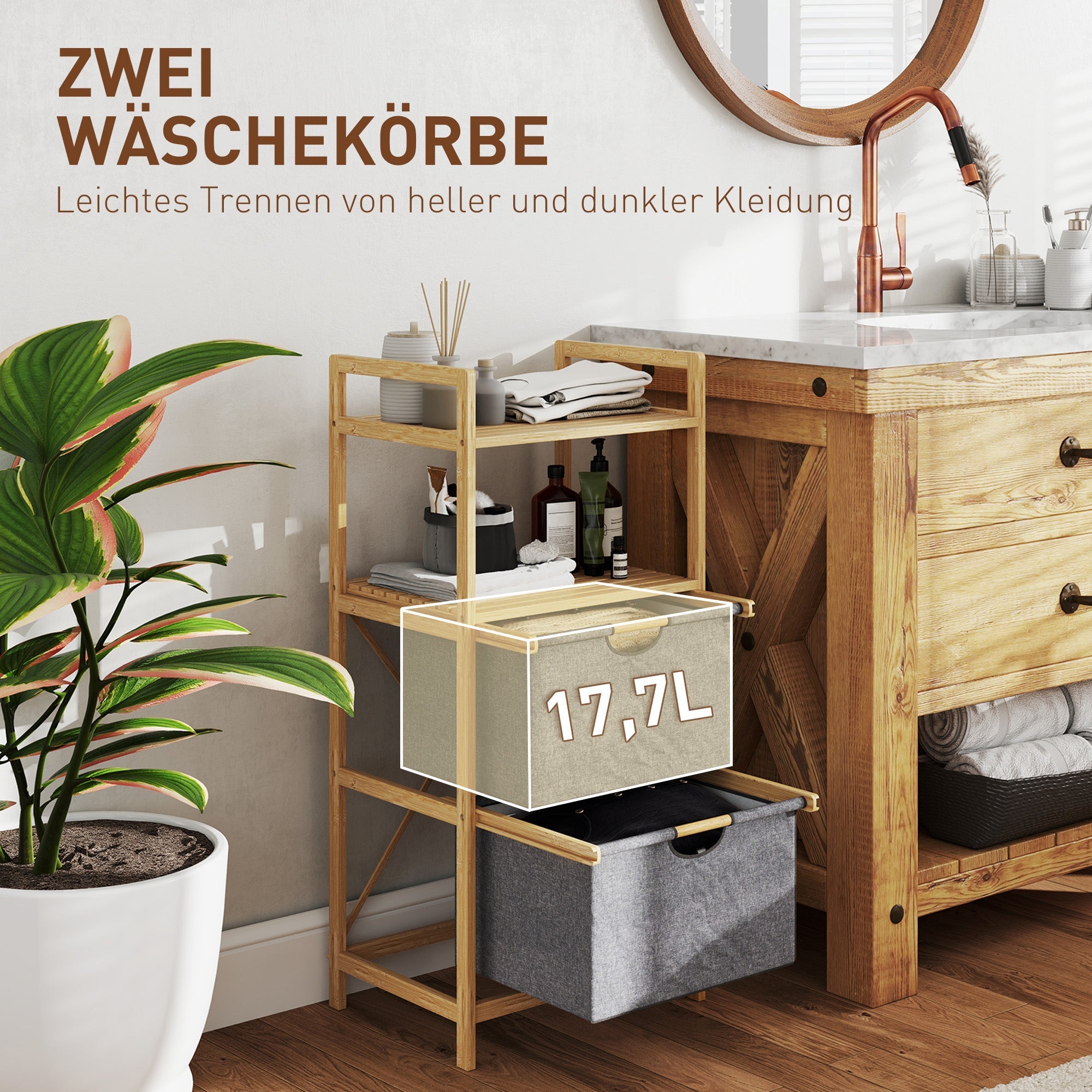 Wäschekorb mit 2 Stoffkörben, offenen Regalen, Griff, Bambus, Natur