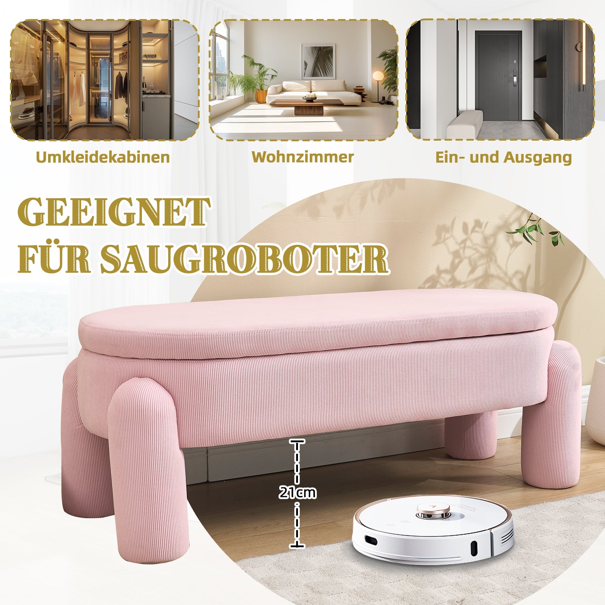 Storage Bench, Modern with Chenille Fabric & Solid Wood Frame, Pink