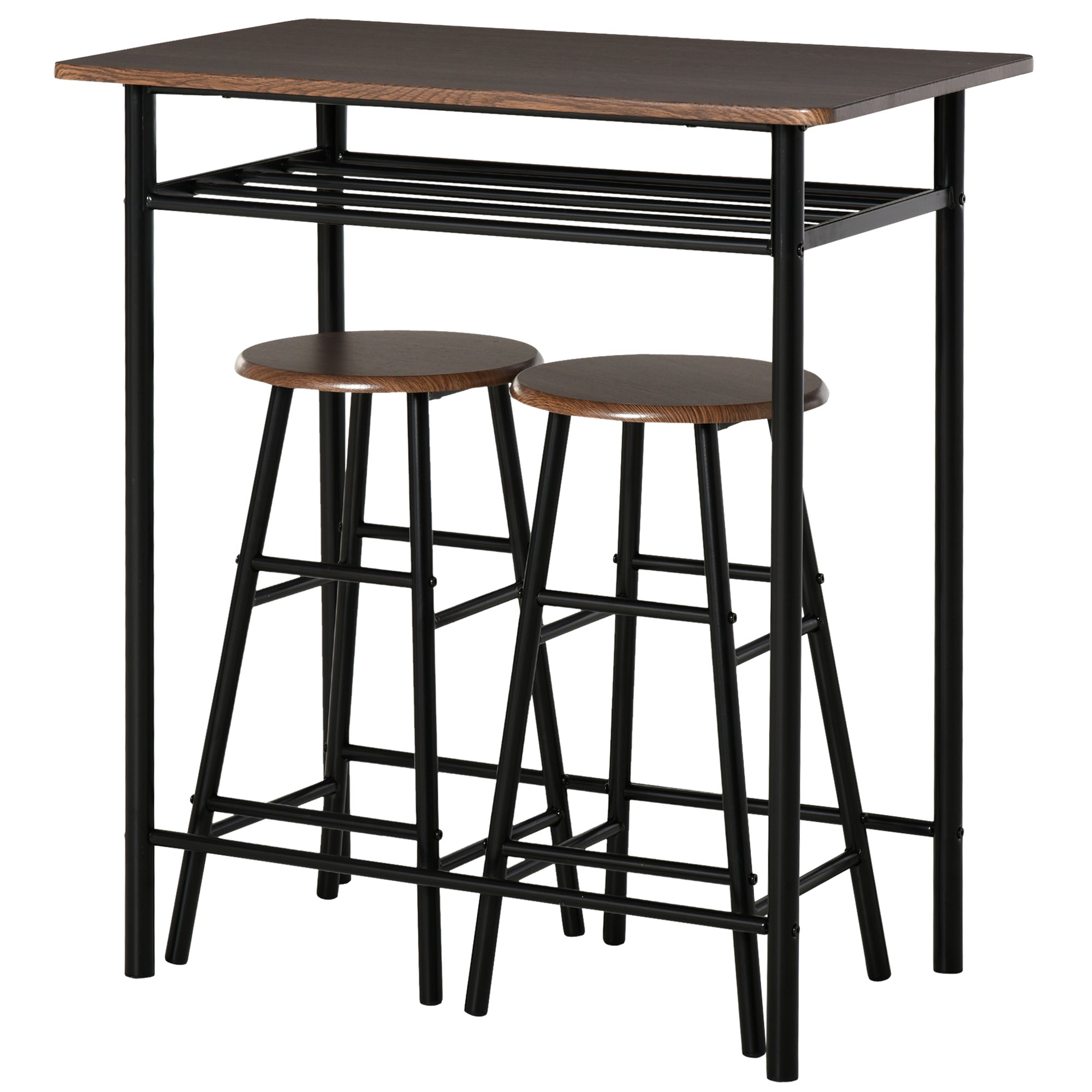 Bar Table Set, 3-Piece Dining Table with 2 Bar Stools, Storage Shelf, Metal Black