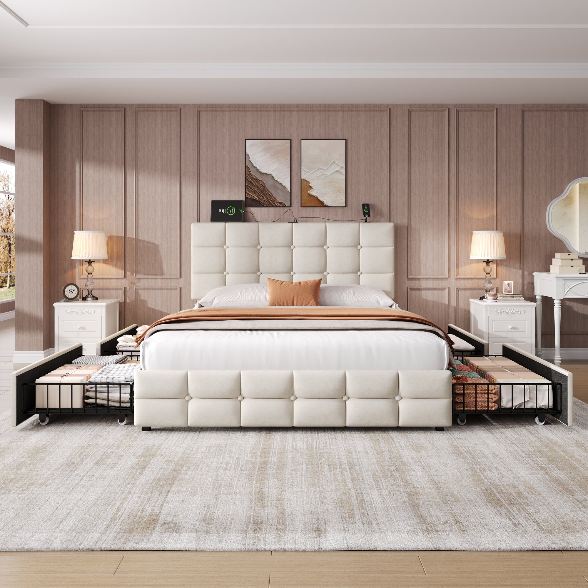 4ft6 Double Upholstered Bed with 4 Storage Drawers & Charging Station, Adjustable Button Tufted Headboard, Beige Velvet