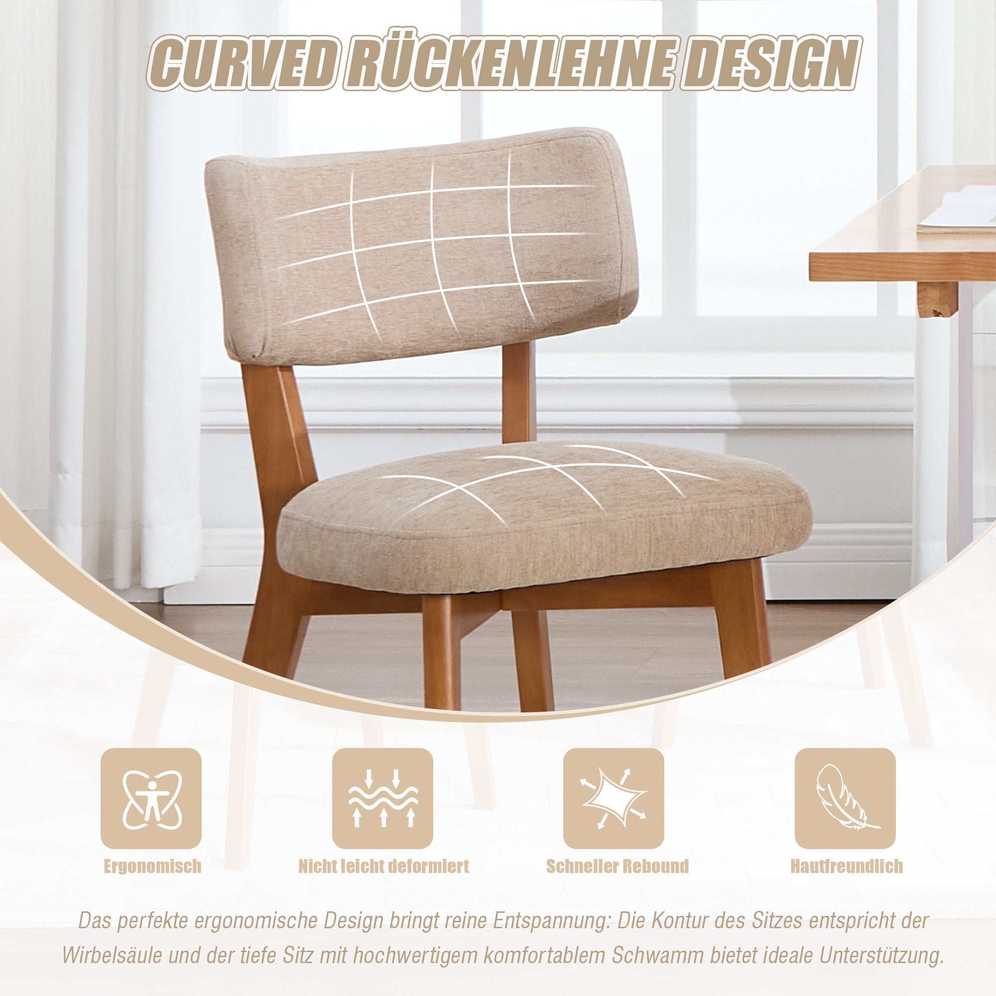 Dining Chair Set of 2, Mid-Century Solid Wood Legs Upholstered Seat - Fabric