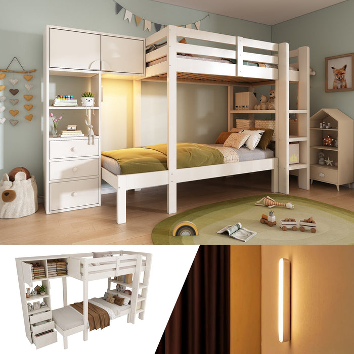 Bunk Bed 90x200cm Staggered Design Smart Night Light Wardrobe Storage, White