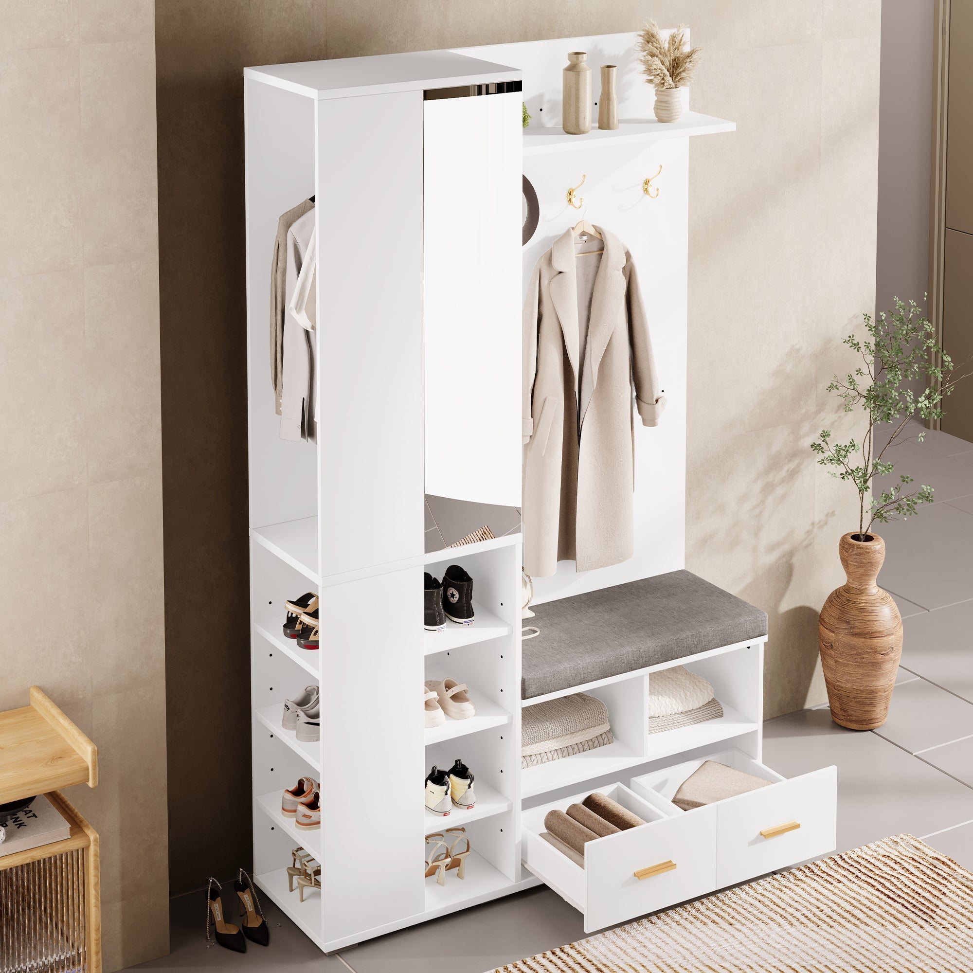 Wardrobe Set Hallway Cabinet Mirror Shoe Bench Clothes Rail 2 Drawers White
