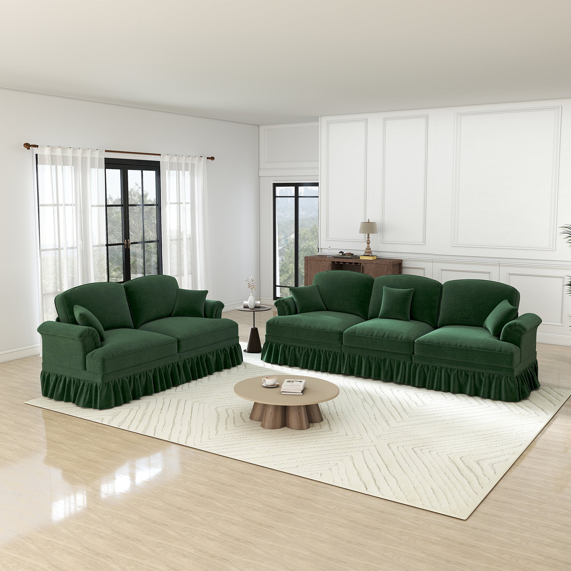 Classic 2-Piece Modular Sofa Set 3-Seater & 2-Seater Loveseat Ruffled Spindle Legs - Chenille Green