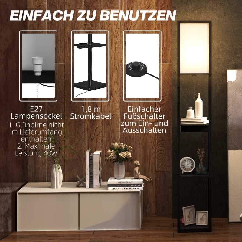 Floor Lamp, 3 Compartments, E27 Socket, Fabric Lampshade, USB-A, USB-C Ports, White+Black