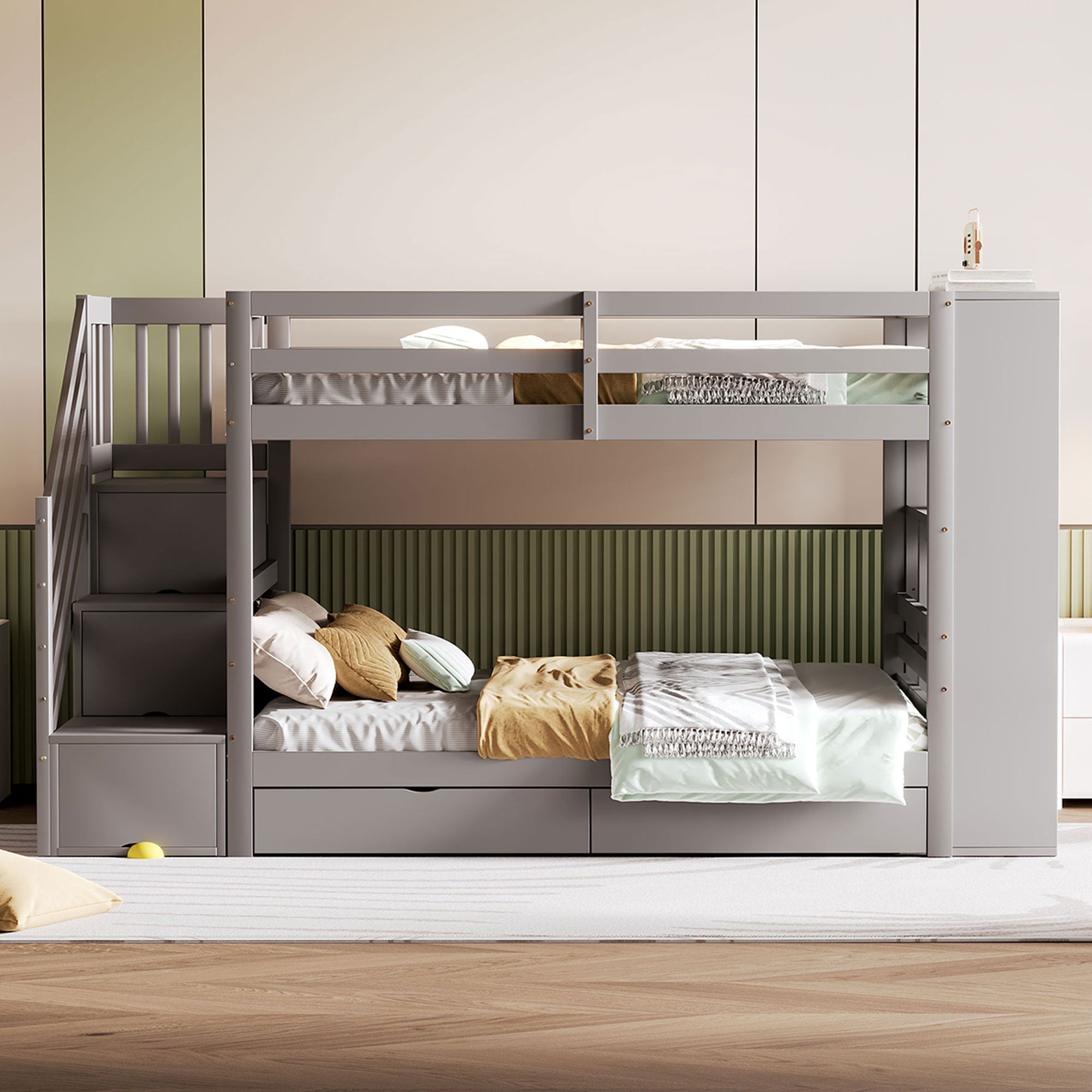 Bunk bed 90 x 200 cm with safety ladder, storage, high fence, slatted frame, grey pine