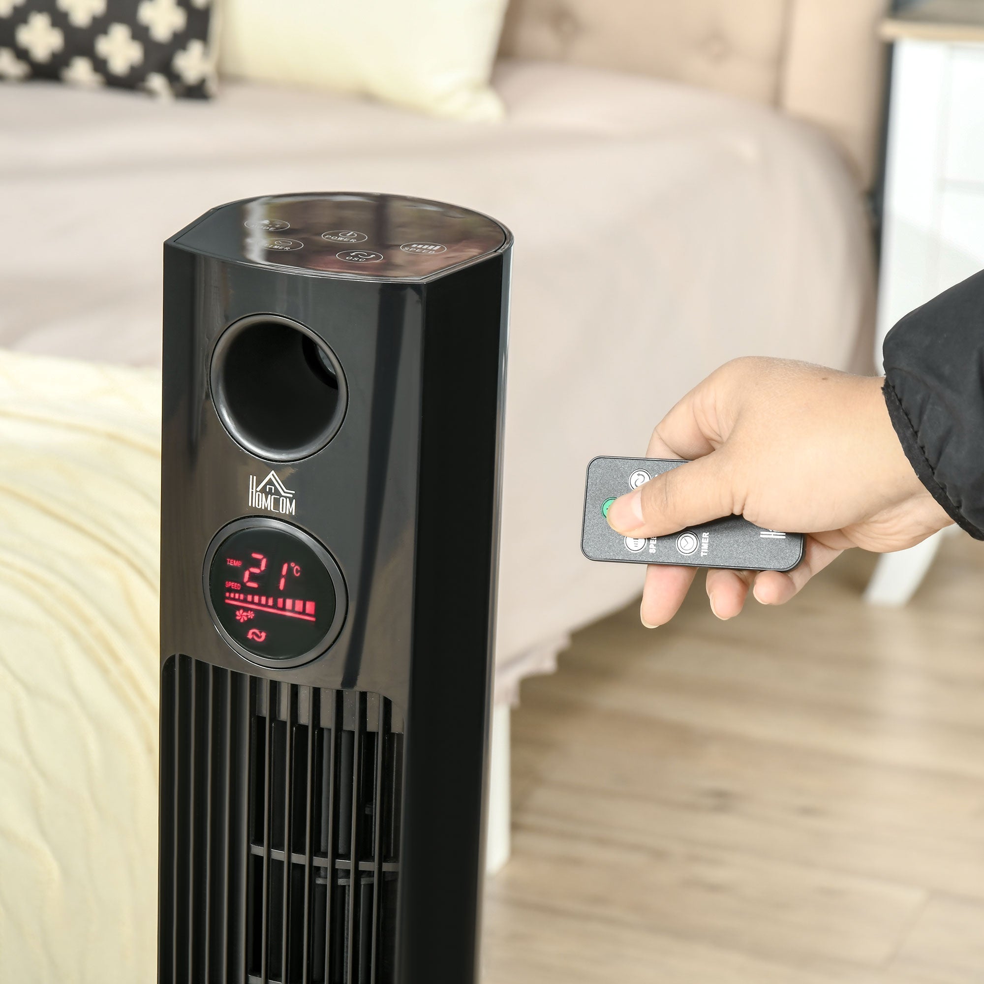 Pedestal fan with remote control, 45W, 12H timer, 70° oscillation, 3 ventilation levels, aroma diffuser, black