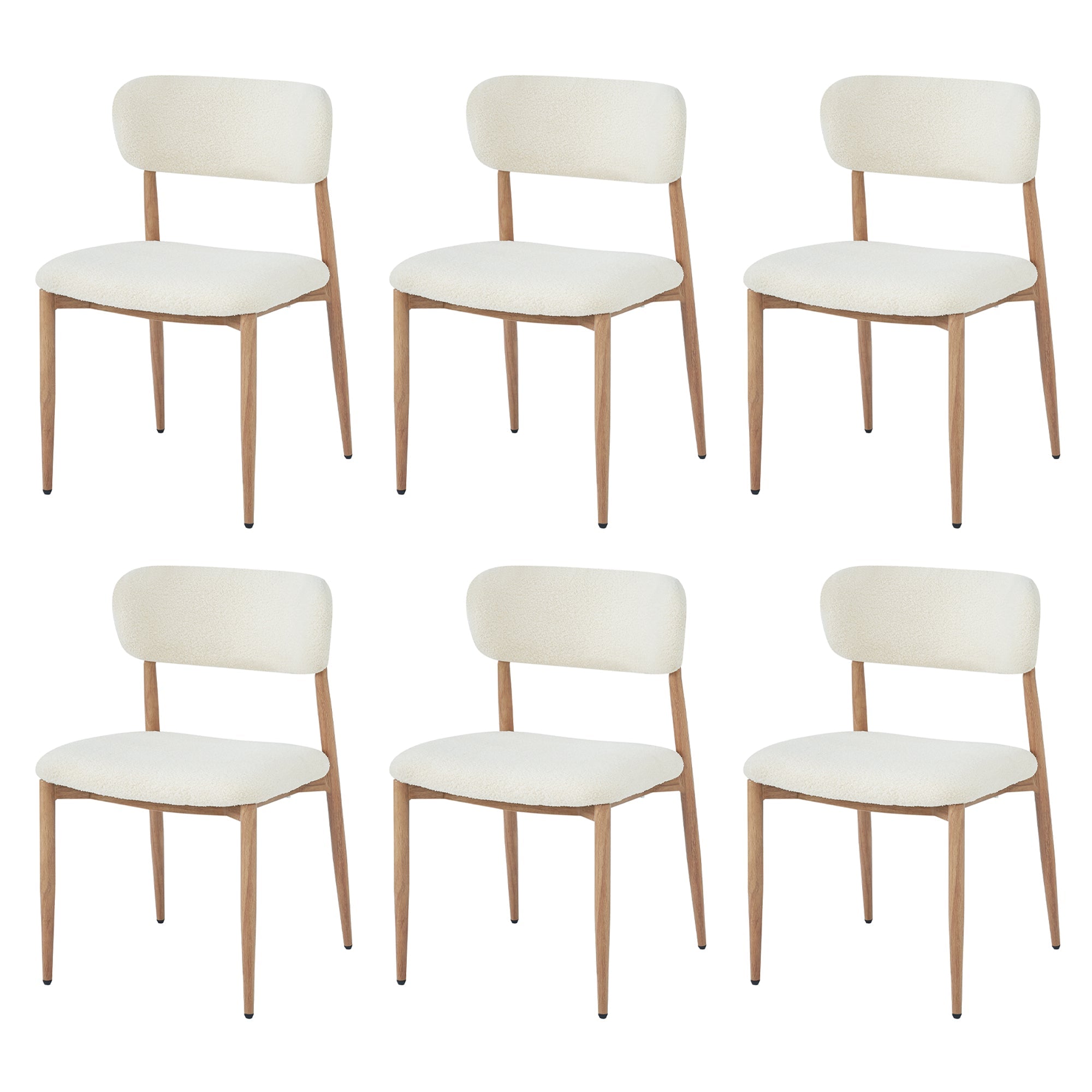 Set of 6 Dining Chairs with Wood-Look Metal Legs and Bouclé, Natural Color
