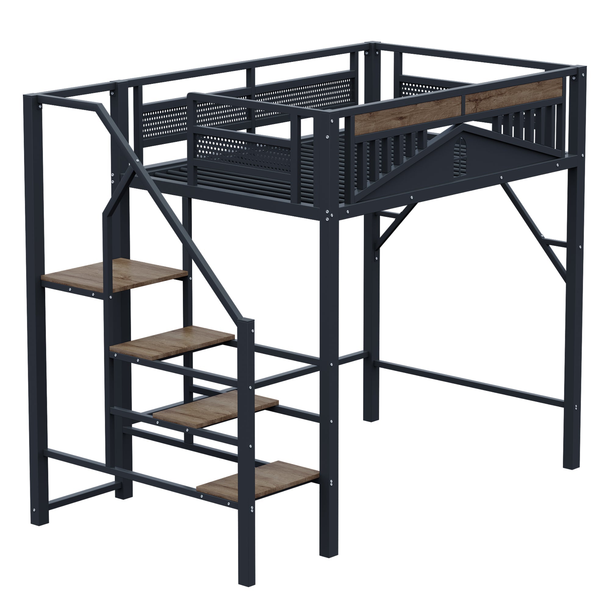 Loft Metal Bed 140x200 cm with Security Steps and Wood Accents, Black or White