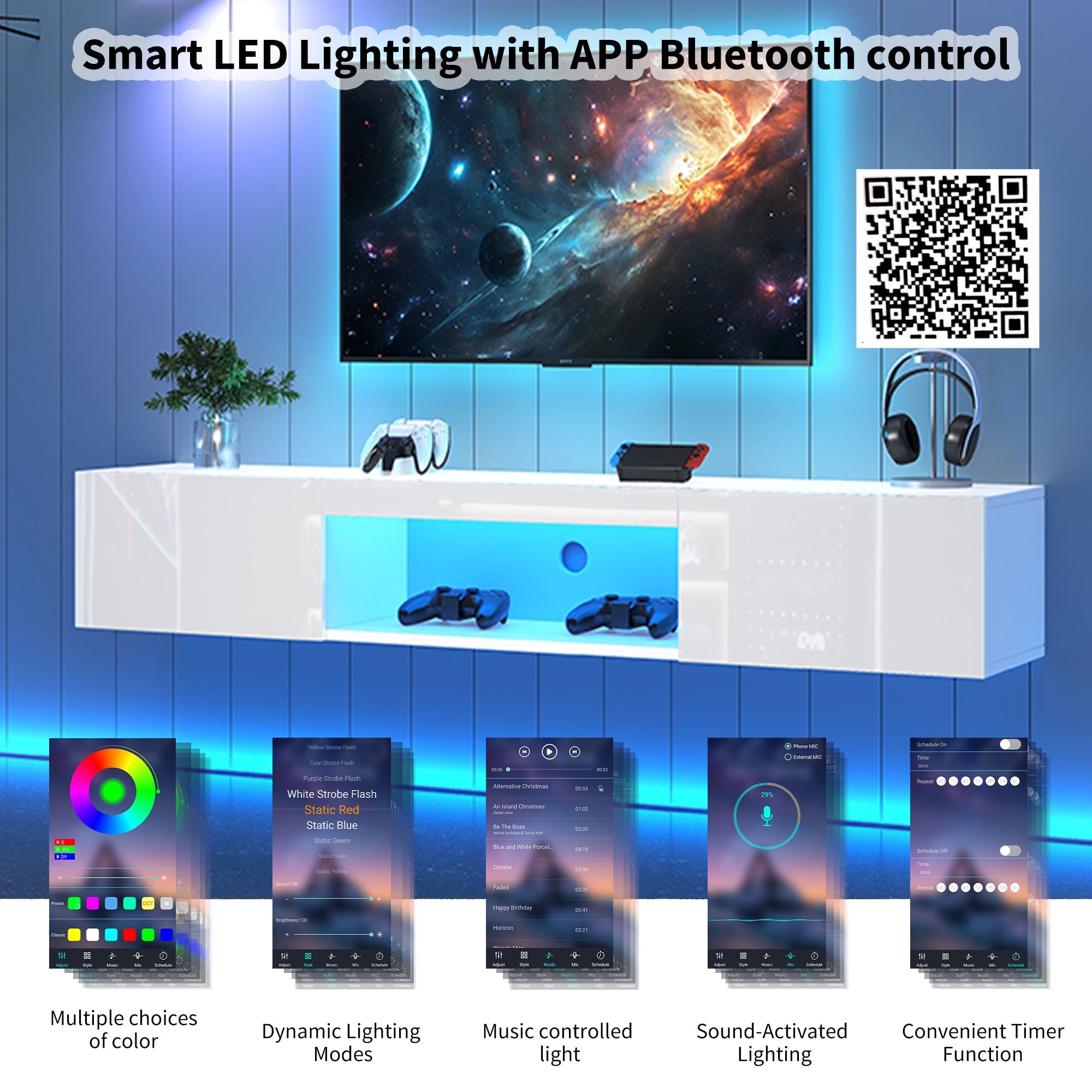 Wall Cabinet, 160x31x22cm for 70-inch TV, 30kg load, LED lighting, Bluetooth APP, high-gloss white