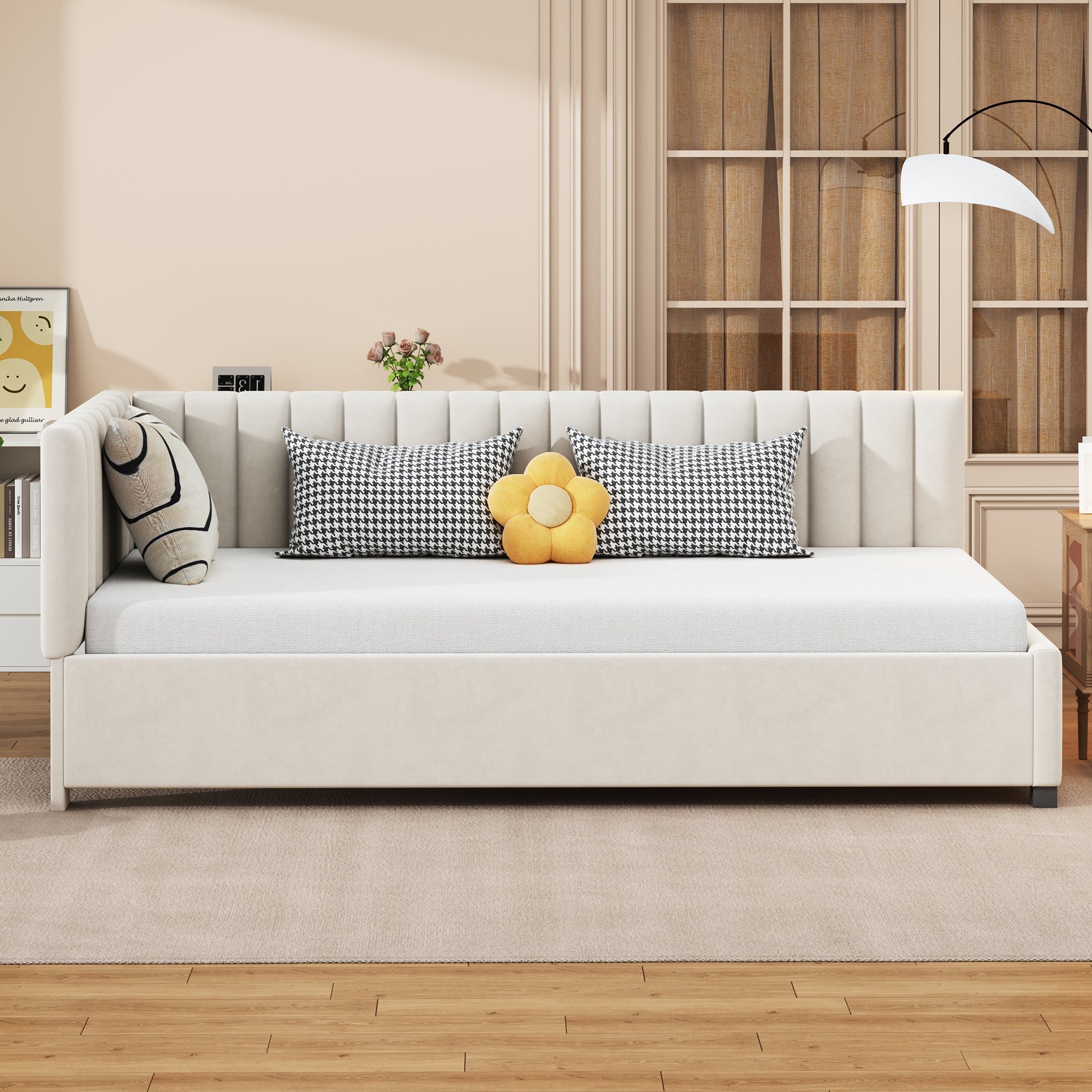Upholstered Bed Sofa Bed, 90x200 Multifunctional with Slatted Frame, Beige Velvet Fabric