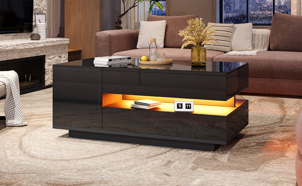 Coffee Table Liftable 95x50x34.5cm, LED, High-Gloss Black