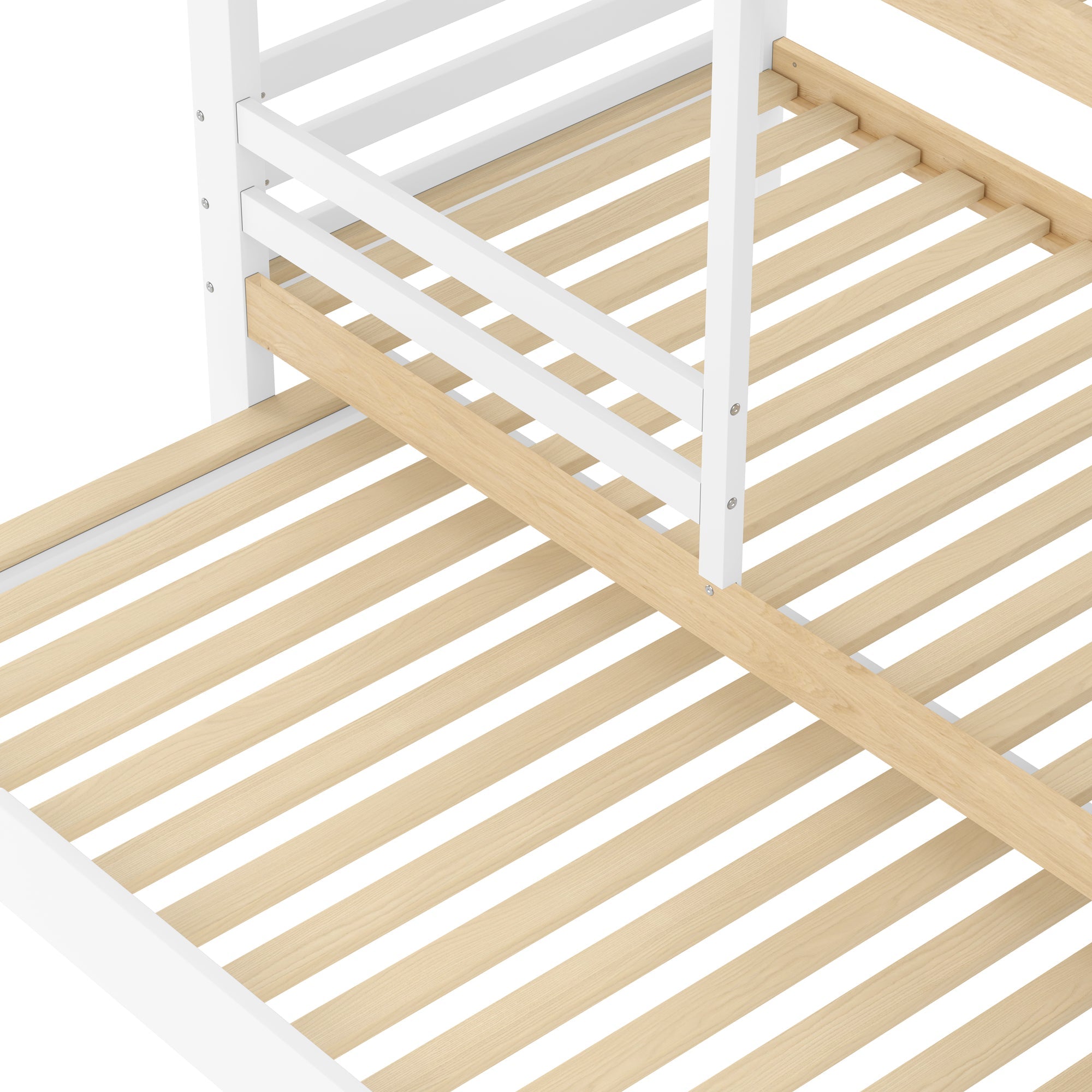 Bunk Bed with Pull-out Bed, Storage Ladder and House Frame, White and Natural