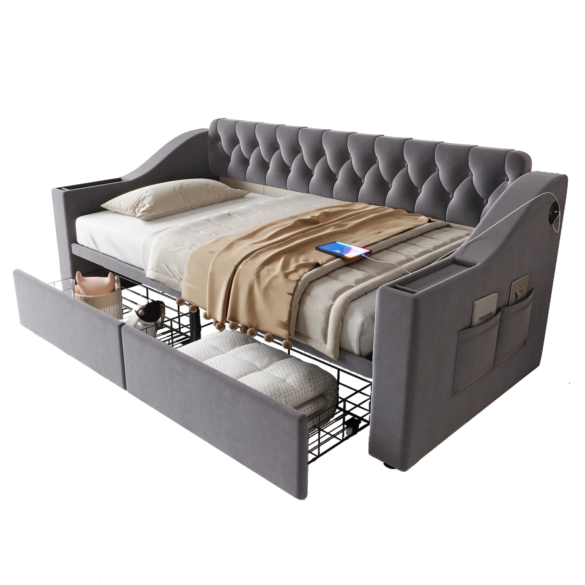 Upholstered Sofa Bed with USB Port and Storage Drawers, Dark Grey Velvet