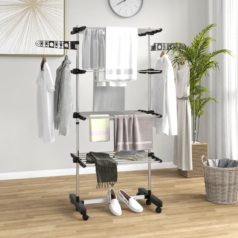 Clothes Airer, 5 Tiers Foldable, One-Click System, Black + Silver