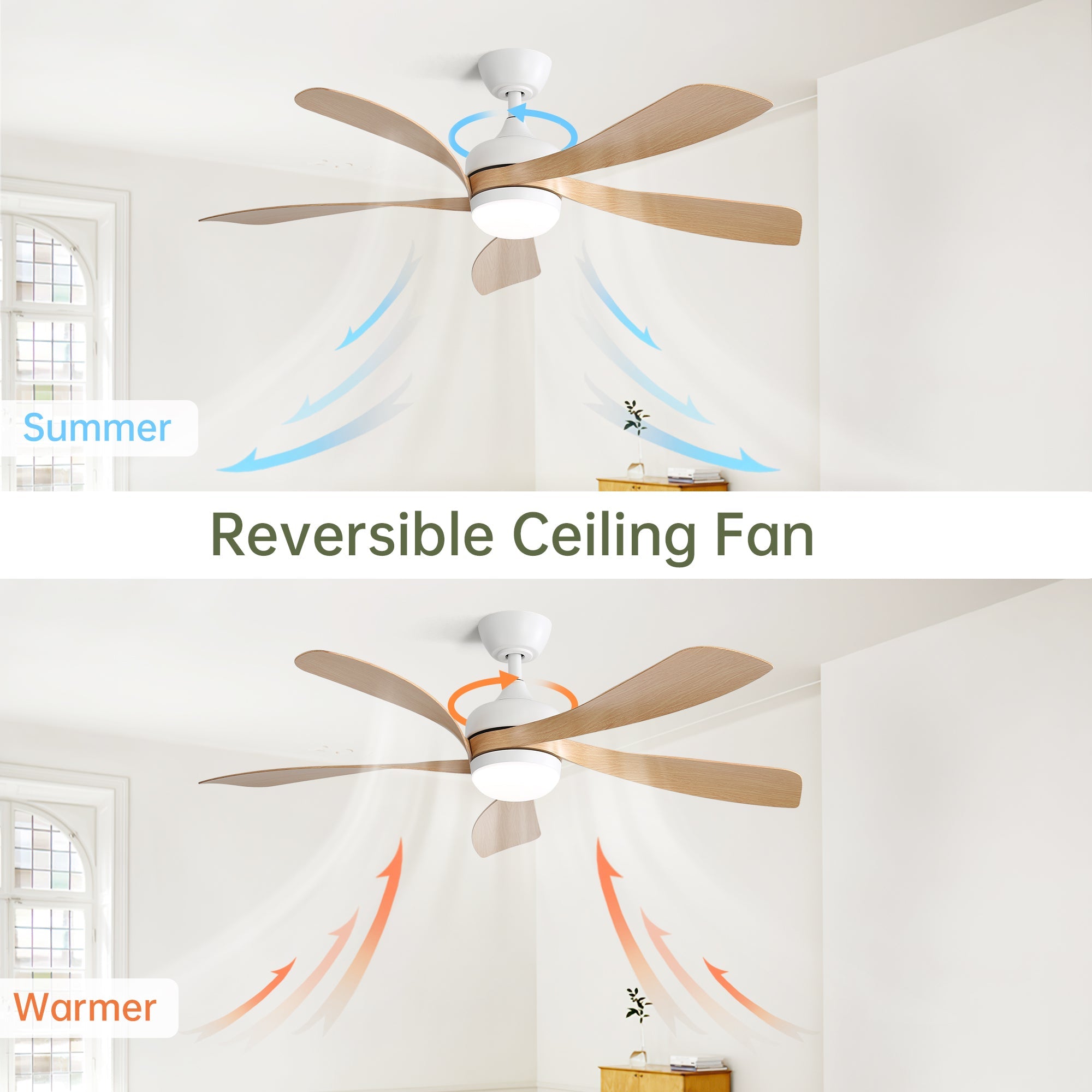 52-inch Modern Ceiling Fan, 3-Color Dimmable LED, Remote, Reversible DC Motor, White