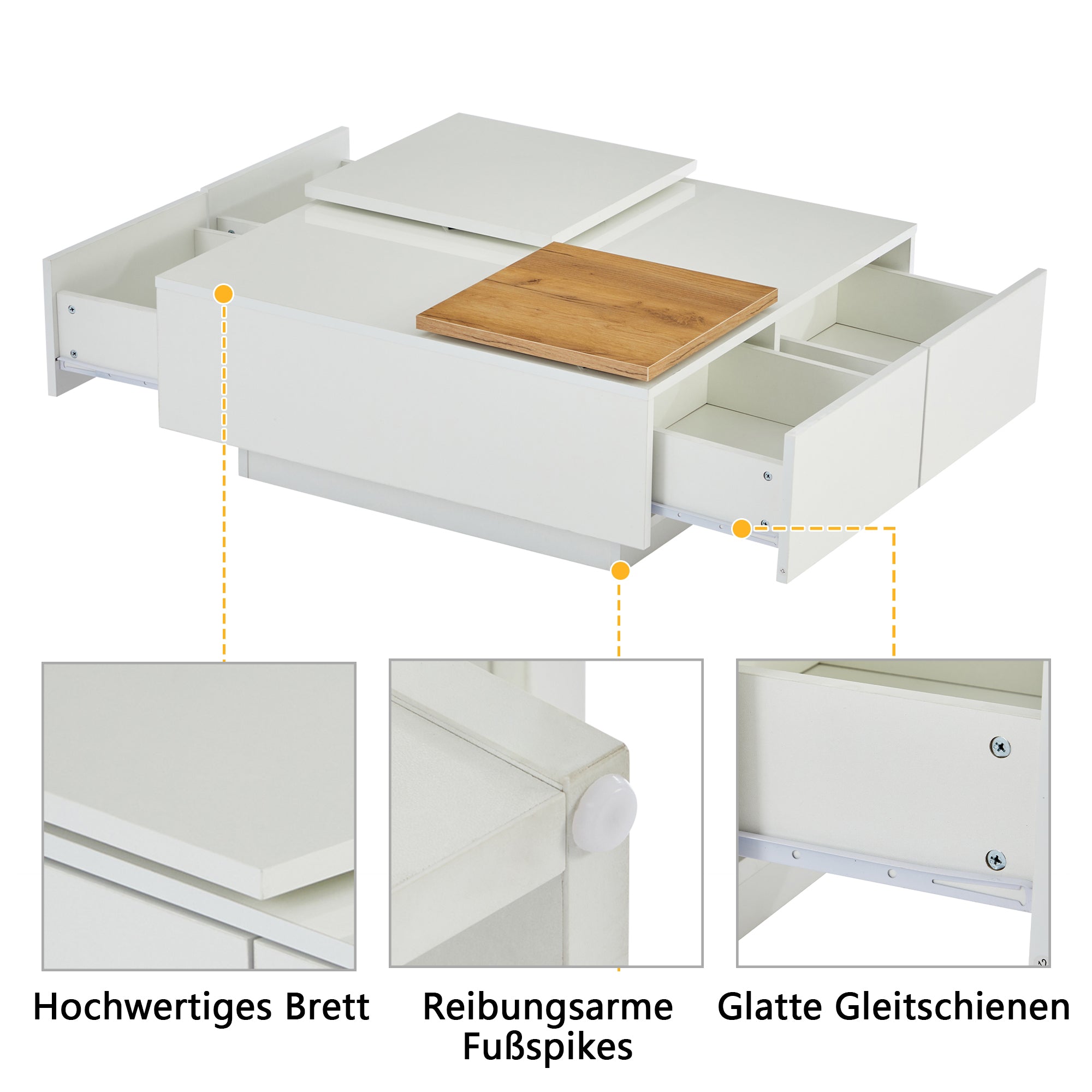 Coffee Table, Square with Storage & Sliding Tabletop, High-Gloss White Wood