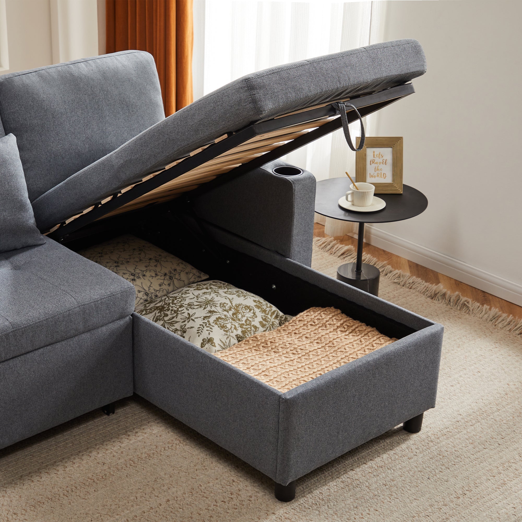 Sofa Bed L-Shaped Pull Out Sofa with Storage, Grey
