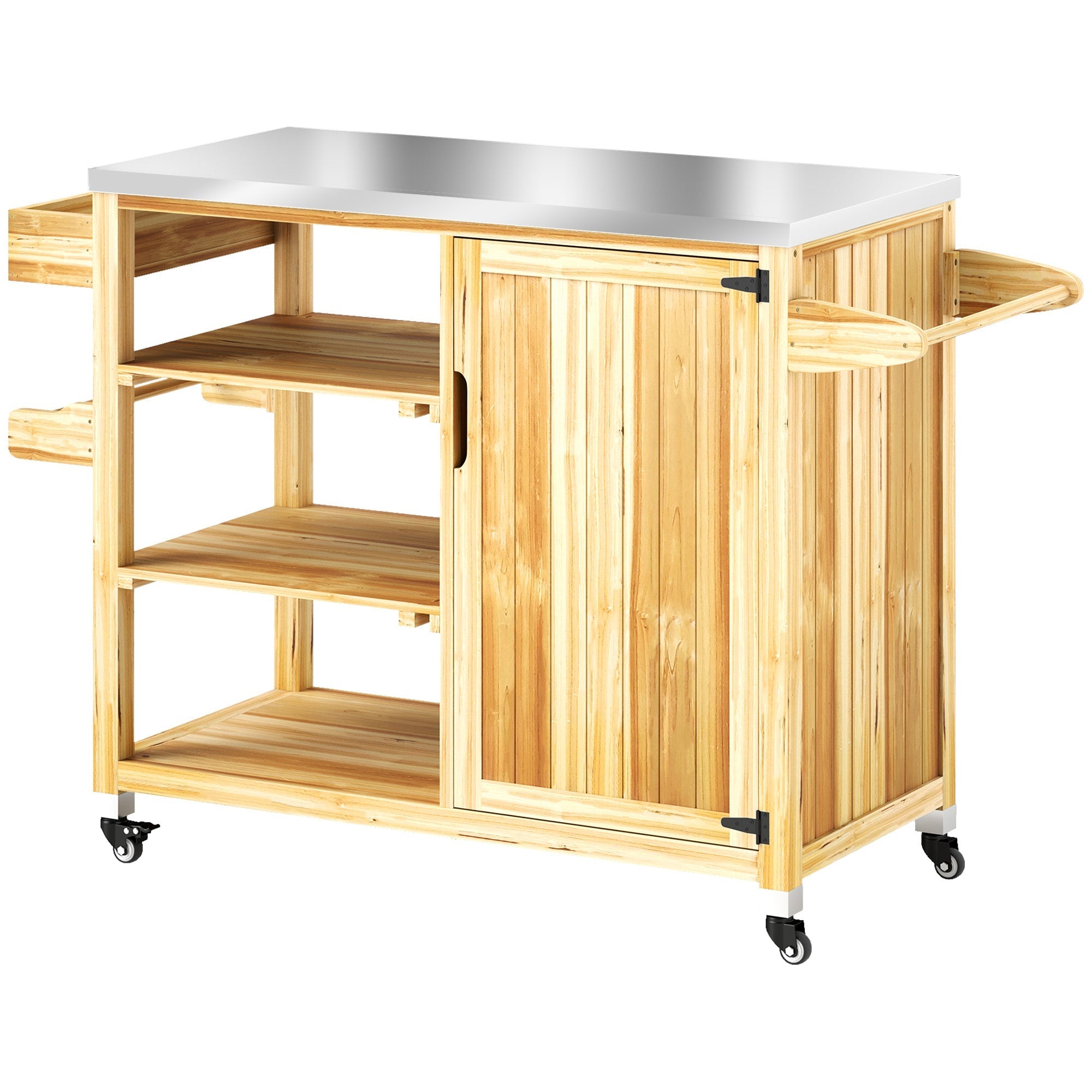 Grill Cart 6-Tier Work Surface Towel Rack Outdoor Trolley, Natural Wood