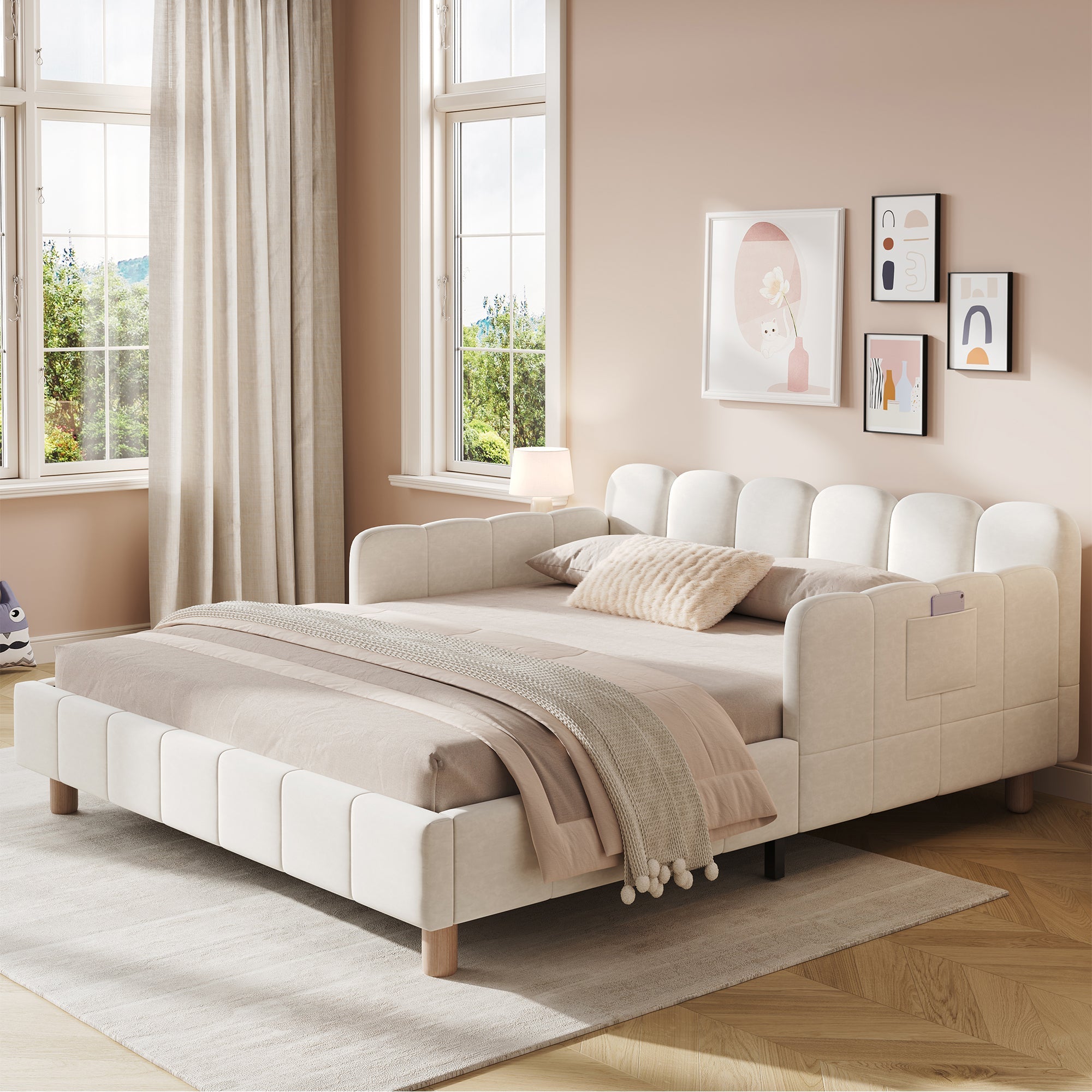 Upholstered Children's Bed with Safety Rail and Solid Wood Legs, 140x200cm, Beige Velvet