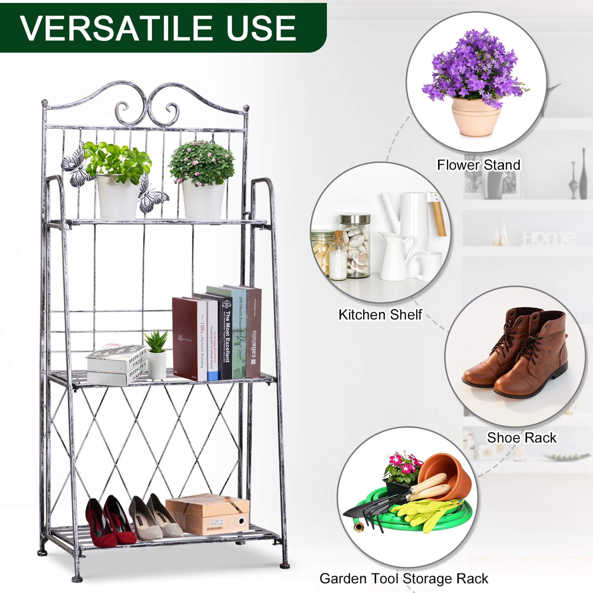 3 Tier Plant Stand Flower Display Rack Indoor Outdoor Metal, Silver