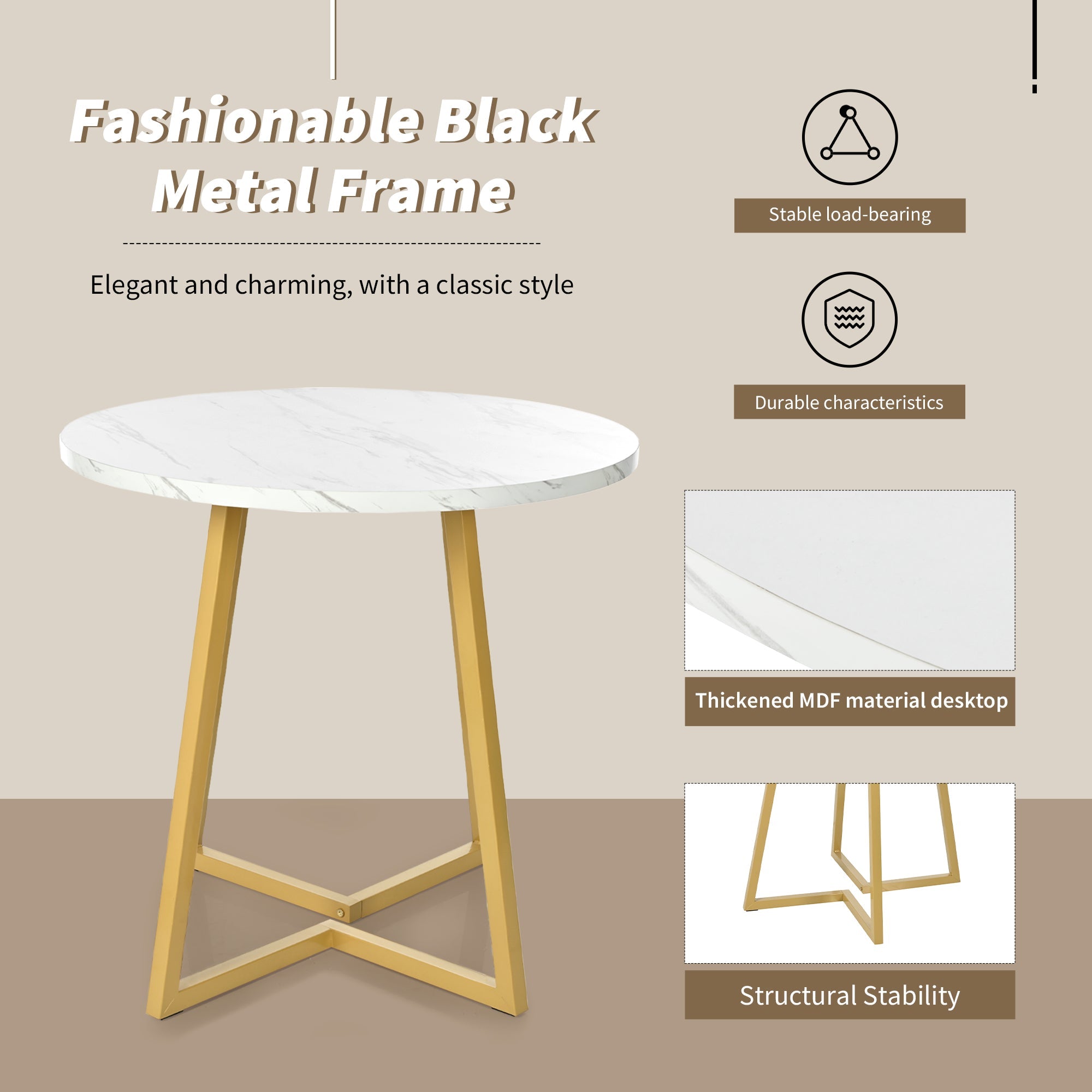 Dining Table Set (5-piece) Round 80cm Kitchen Table White MDF, Gold Metal/Black Velvet