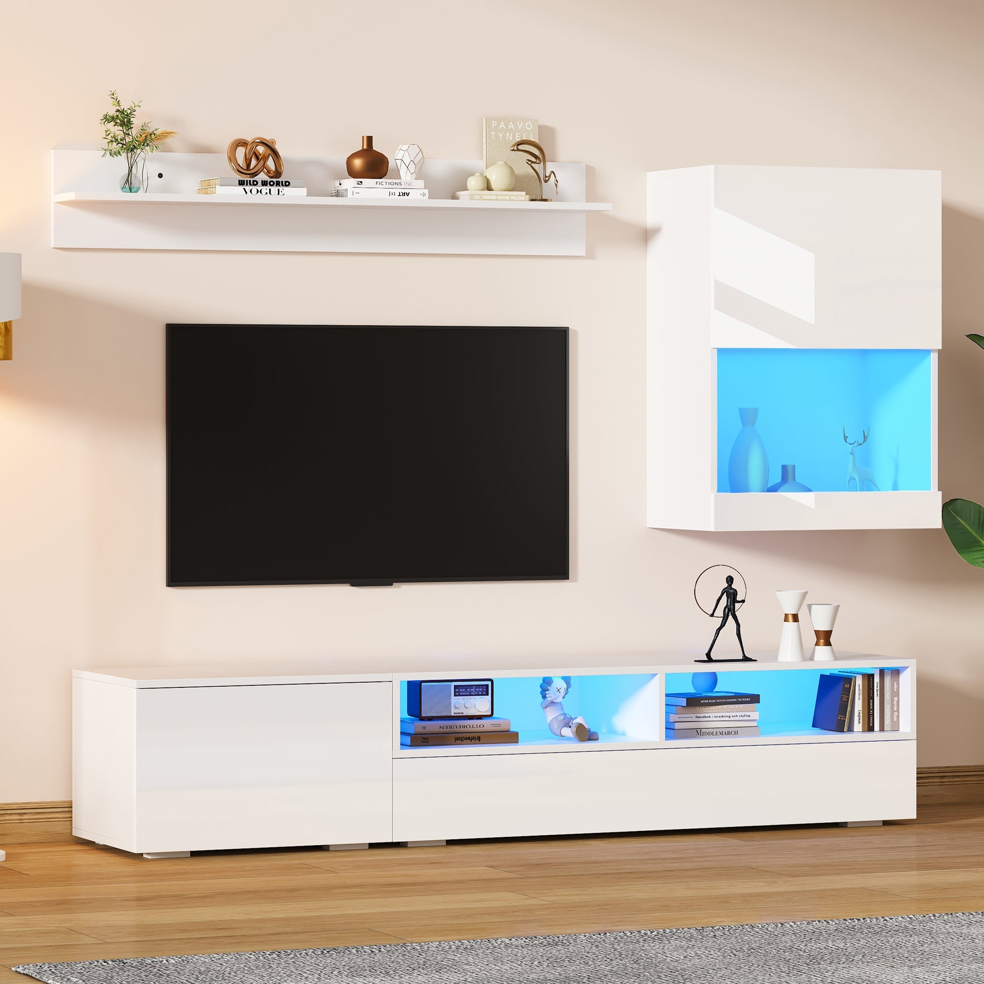 TV Wall Unit Set with Display Cabinet, 3-Piece Media Unit, LED High Gloss, White