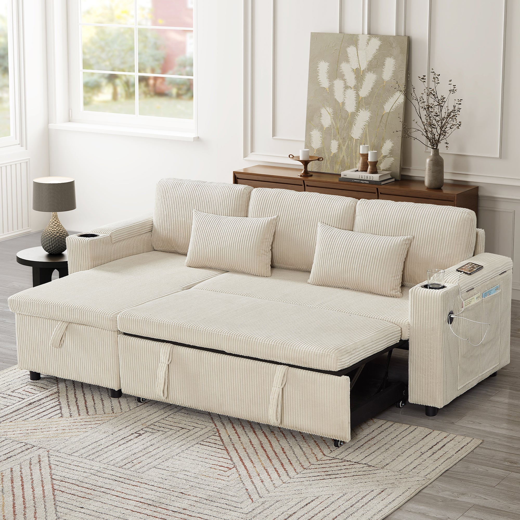 3 in 1 Convertible Corduroy Sofa Bed with Storage Chaise, L-Shaped Sleeper Sofa Couches with Armrest Storage and Charging Station, Pullout Sectional Daybed for Living Room/Bedroom/Office, Beige