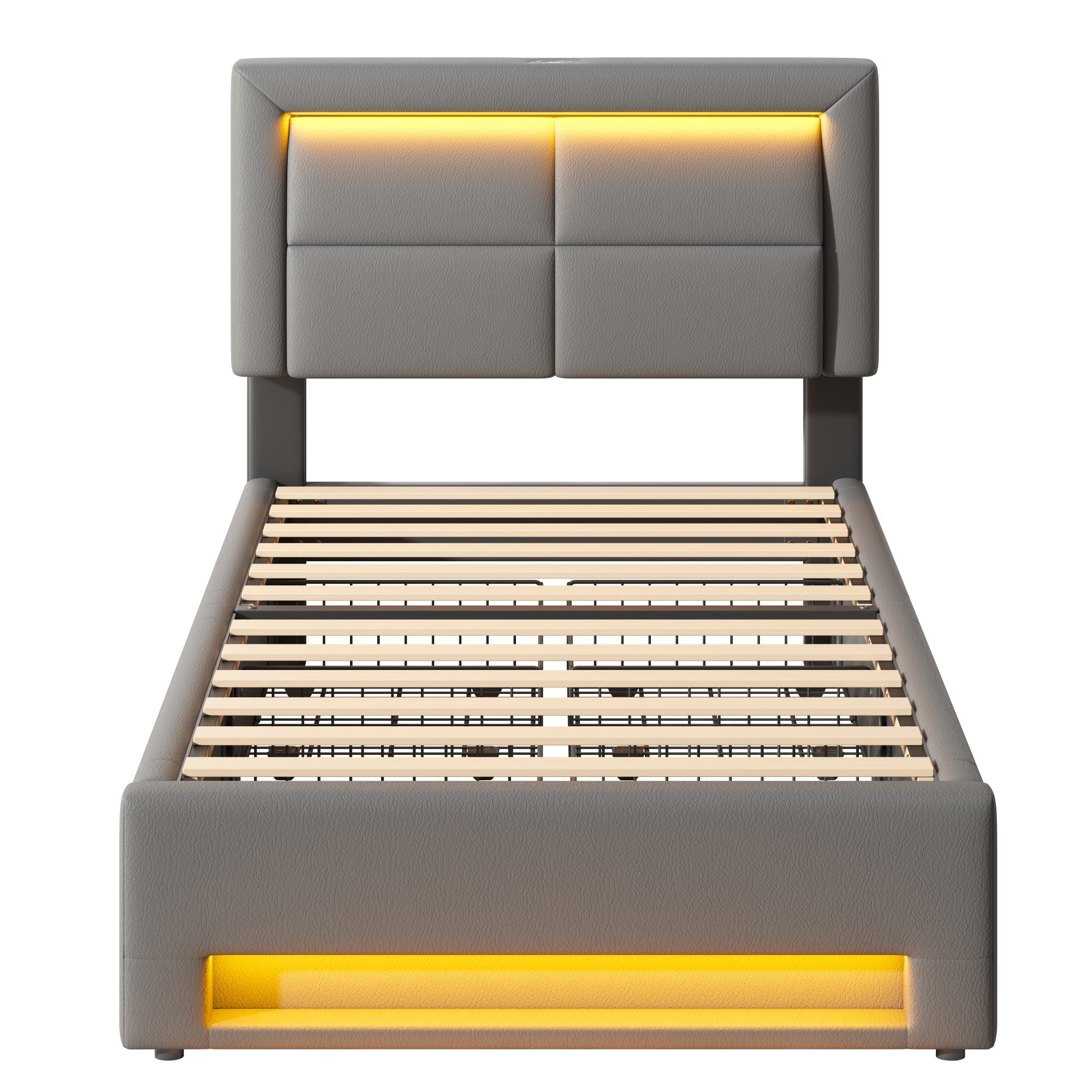 Upholstered Bed 90x190cm USB/Wireless Charging LED 4 Drawers - Grey PU Lychee