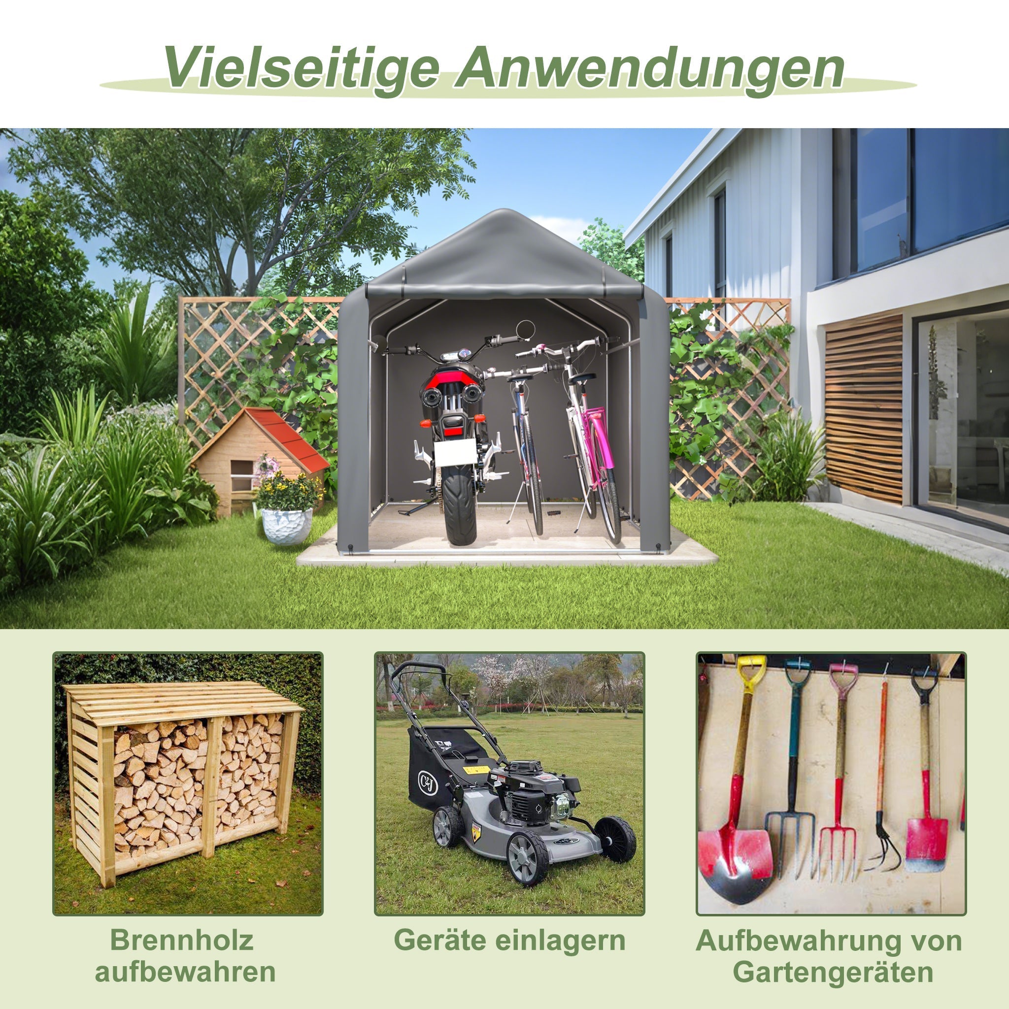 Bicycle Garage / Tool Shed 160x220x165 cm with Roller Shutter, Waterproof PE, Grey