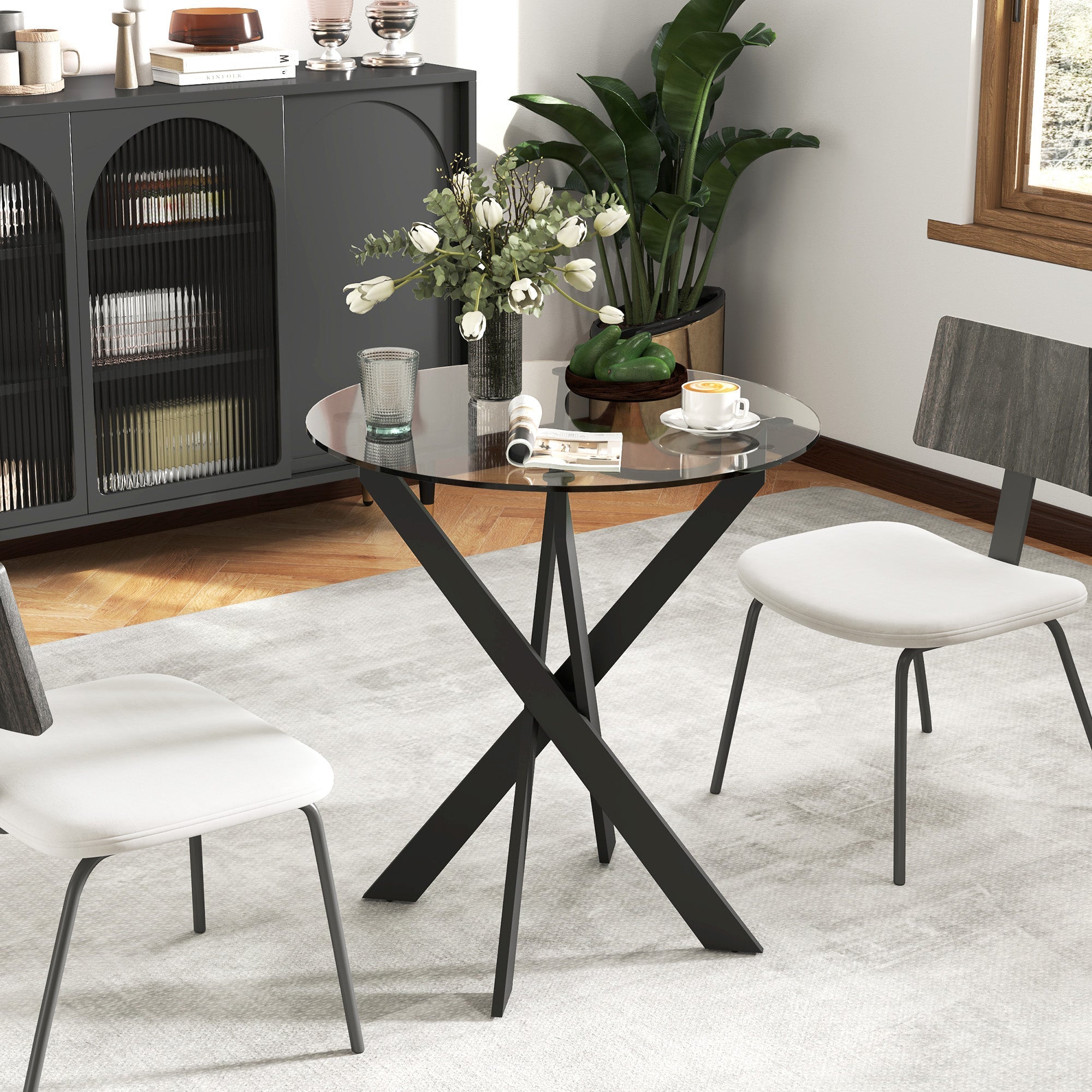 Dining Table, Round for 4 People, Steel Legs, Tempered Glass, Black + Transparent