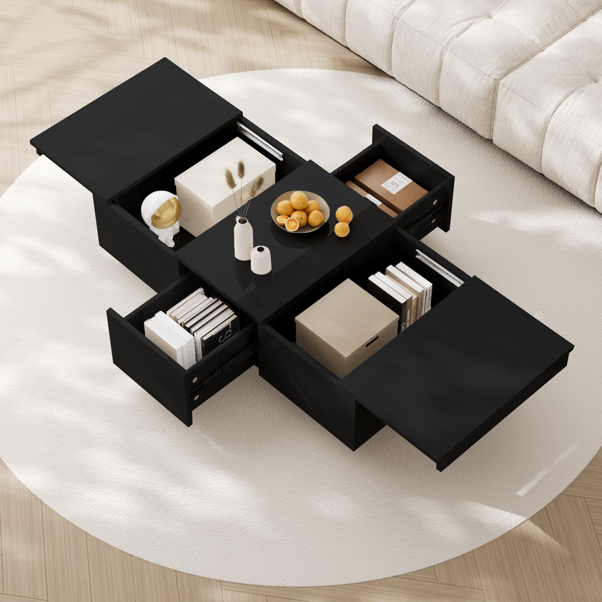 Coffee Table: Black High-Gloss Living Room Table with Push-Pull Storage Structure and Double-Sided Drawers, made of Particle Board.