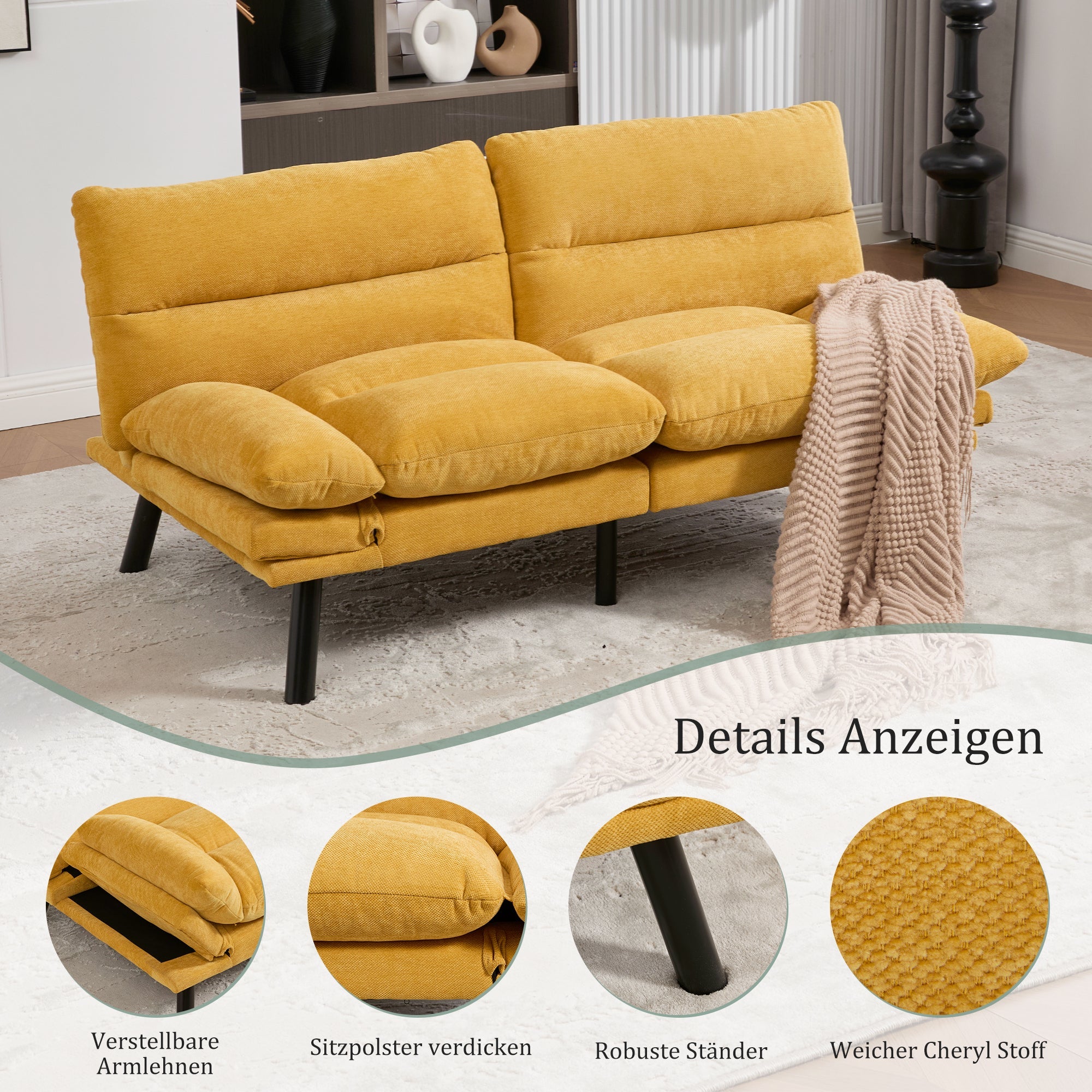 Two-Seater Sofa Ergonomic Adjustable Metal Legs, Chenille