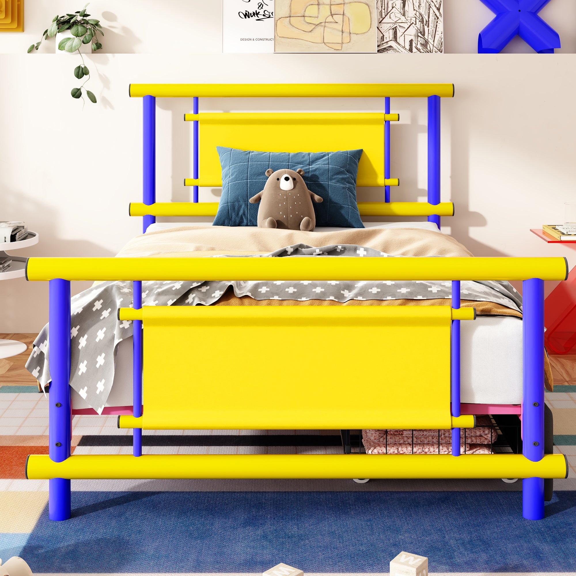 Metal Bed Frame for Children with Drawers, 90x200cm Space-Saving Platform Bed, Steel Construction