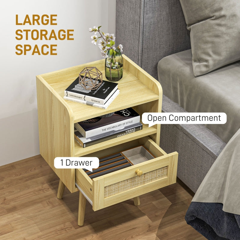 Rattan Weave Bedside Tables Set of Two, Wood Effect