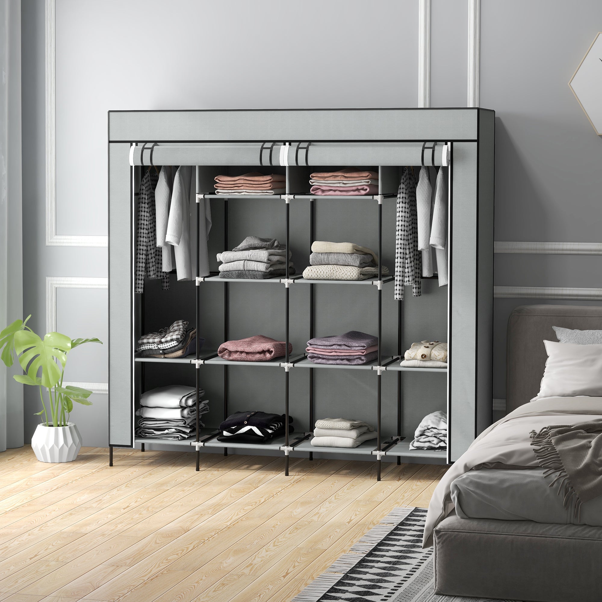 Stoffkleiderschrank, Kleiderstange 10 Fächer 4 Schubladen, Dunkelgrau